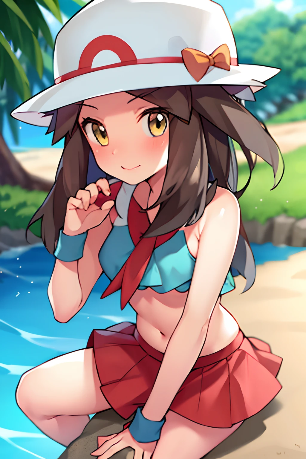 masterpiece, best quality, 1girl, leaf \(pokemon\), solo, sitting, looking at viewer, embarrassed, blush, wristband, beach, bikini