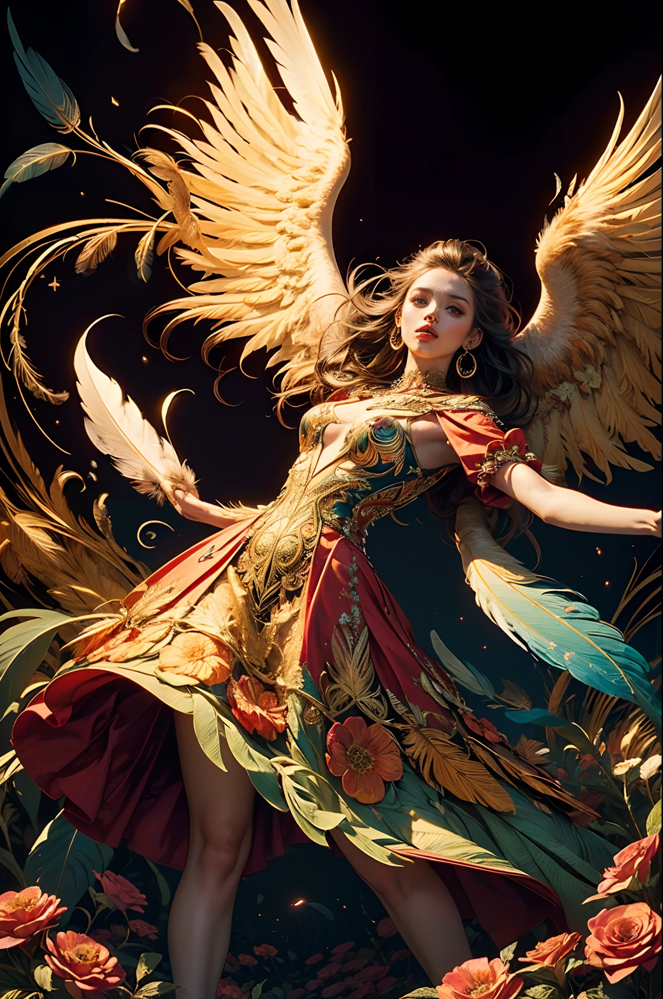 (masterpiece, top quality, best quality, official art, beautiful and aesthetic:1.2), (1girl:1.3), extremely detailed,(fractal art:1.1),(colorful:1.1)(flowers:1.3),highest detailed,(zentangle:1.2), (dynamic pose), (abstract background:1.3), (shiny skin), (many colors:1.4), ,(earrings), (feathers:1.5) , (Flamethrower:1.3),red background,Phoenix dress