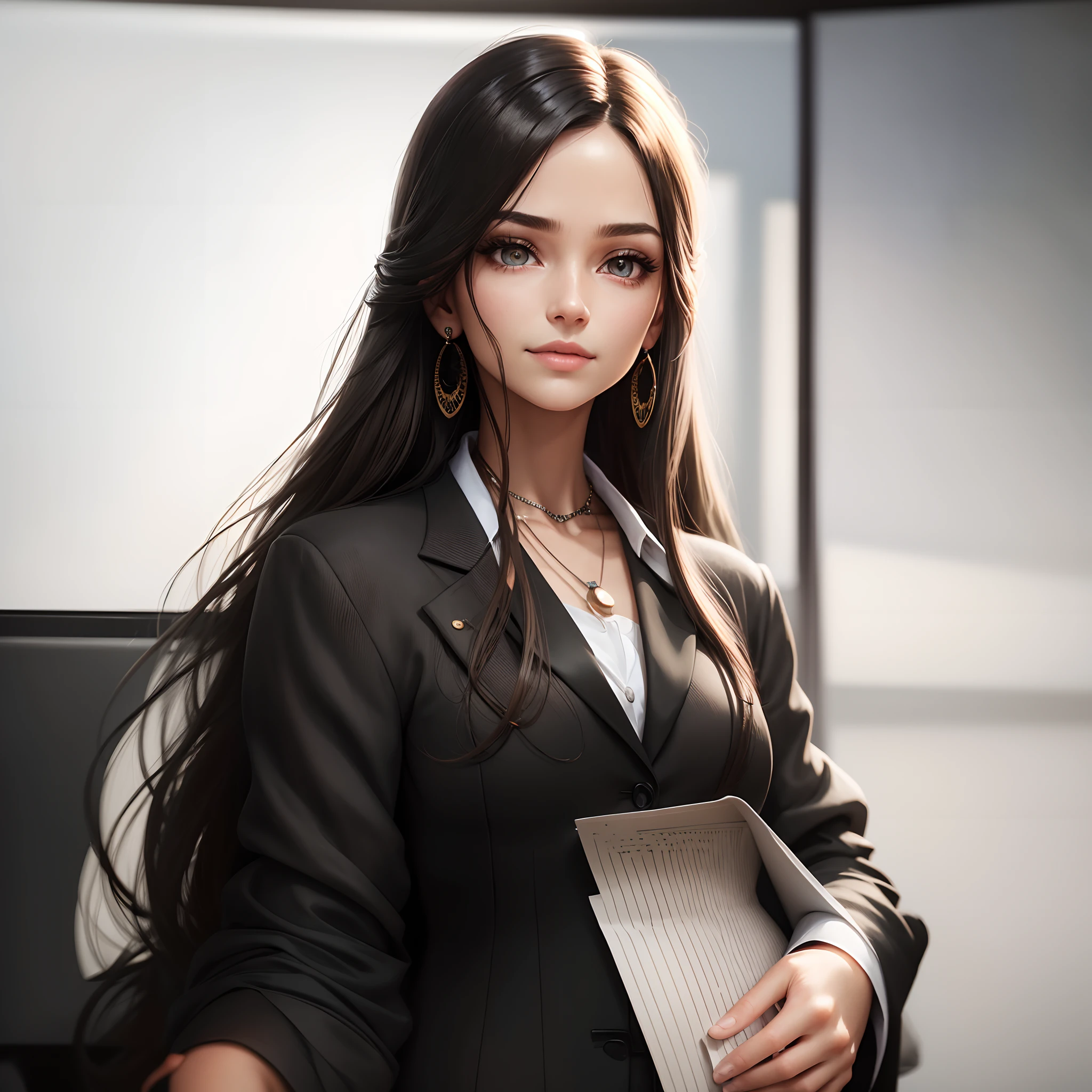 face portrait of 1girl, light long hair, wearing a secretary suit, in an office, (slightly smiling), closeup, (makeup), earring, necklace, detailed eyes, limbal ring, (masterpiece, best quality, high quality), hyperdetailed, highres, high detail, intricate detail, HDR, 8k wallpaper, sharp focus, detailed background, realistic, photorealistic, perfect hands, realistic eyes, detailed skin texture, (blush:0.5), (goosebumps:0.5), subsurface scattering