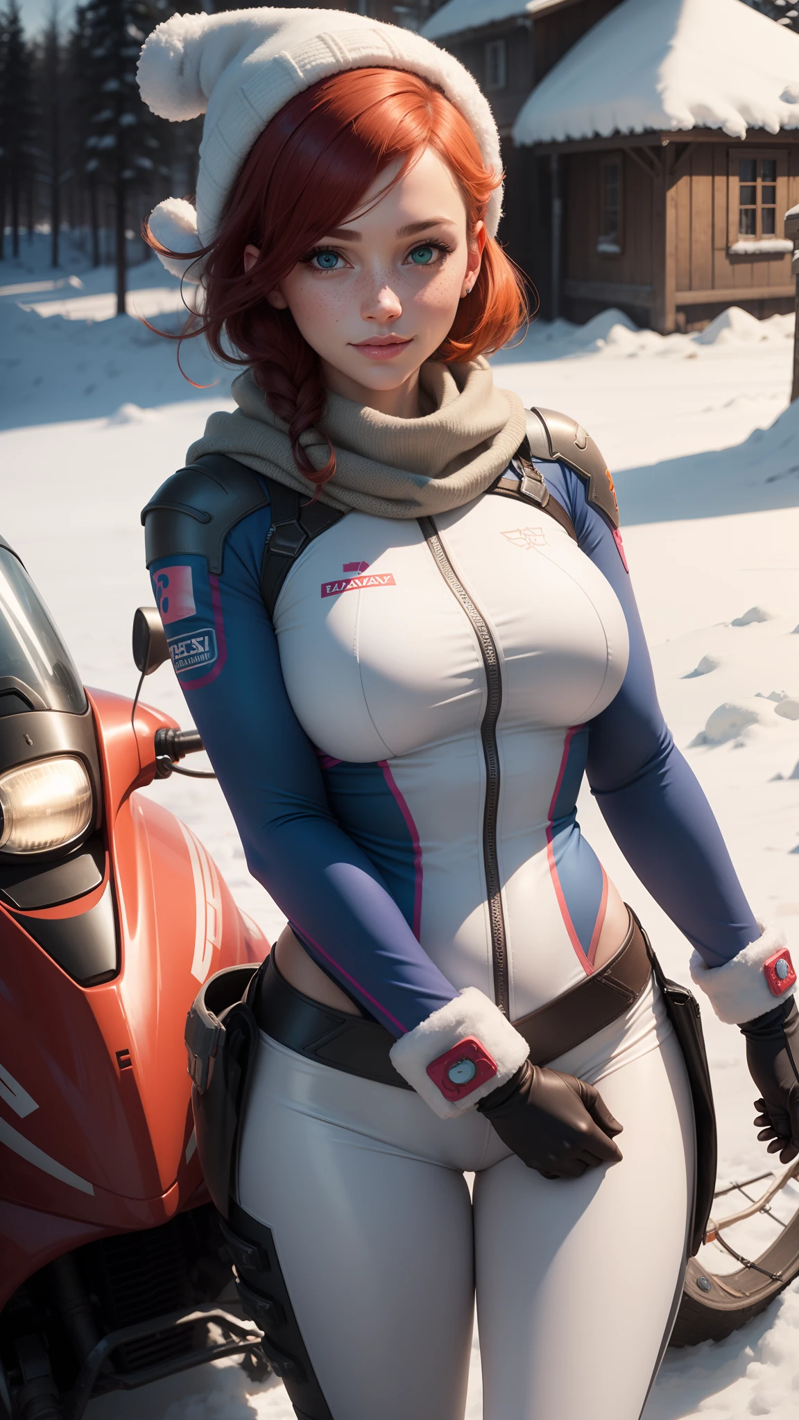 gwen tennyson,1girl,tracer,d.va,rebecca chambers,overwatch,gundam,close up,mecha pilot,winter mountain,rose and blue plugsuit,hair pin,pirate corset, white long sleeve lycra top,white leggings,short hair,cute makeup,green eyes,orange and blue hair,shy smile, freckles,redhead,beautiful girl,large breasts,ultra detailed,realistic,fantasy art,long winter scarf,winter jacket,winter hat,christmas village,snowmobile,cold weather,