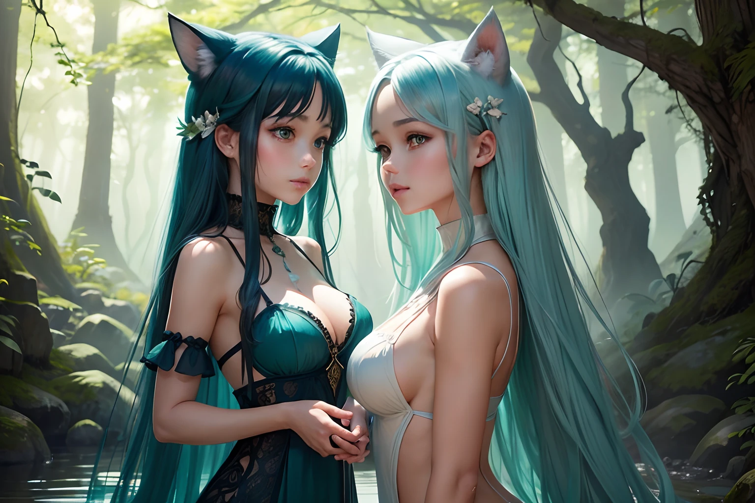 Picture 2 captivating girls with lustrous dark teal-green hair with soft cyan eyes, and blue hair with deep blue eyes, cascading in elegant waves, creating a striking and mesmerizing visual. They both embody the essence of a catgirls, adorned with equally enchanting dark teal-green ears and blue ears that gracefully frame their faces. While a tail may be considered, it's optional, as its presence tends to enhance the character's charm or add an element of playfulness. Her physique is characterized by medium-sized breasts that accentuate her feminine allure, complementing her slender build. This character exudes a captivating blend of cuteness and sensuality, striking the perfect balance between an endearing charm and a seductive allure. Now, imagine placing this character in a tranquil, serene setting where nature's beauty reigns supreme. Picture her amidst a serene forest glade, bathed in soft, dappled sunlight filtering through the leaves of ancient trees. The gentle sound of a nearby babbling brook provides a soothing melody, while the rustling leaves and the distant call of birds add to the atmosphere of calm and relaxation. In this idyllic natural environment, let's introduce a small, white fox as either a background element or a companion to the character. This ethereal fox boasts pristine white fur and mesmerizing green eyes, radiating a sense of majesty. It can be seen as an enchanting presence in the composition, enhancing the overall charm of this captivating scene. This detailed and evocative portrayal should capture the character's captivating beauty and the enchanting essence of the white fox in a setting that evokes a sense of serenity and tranquility. create natural light from the sun as if god rays were breaking through the forest canopy.