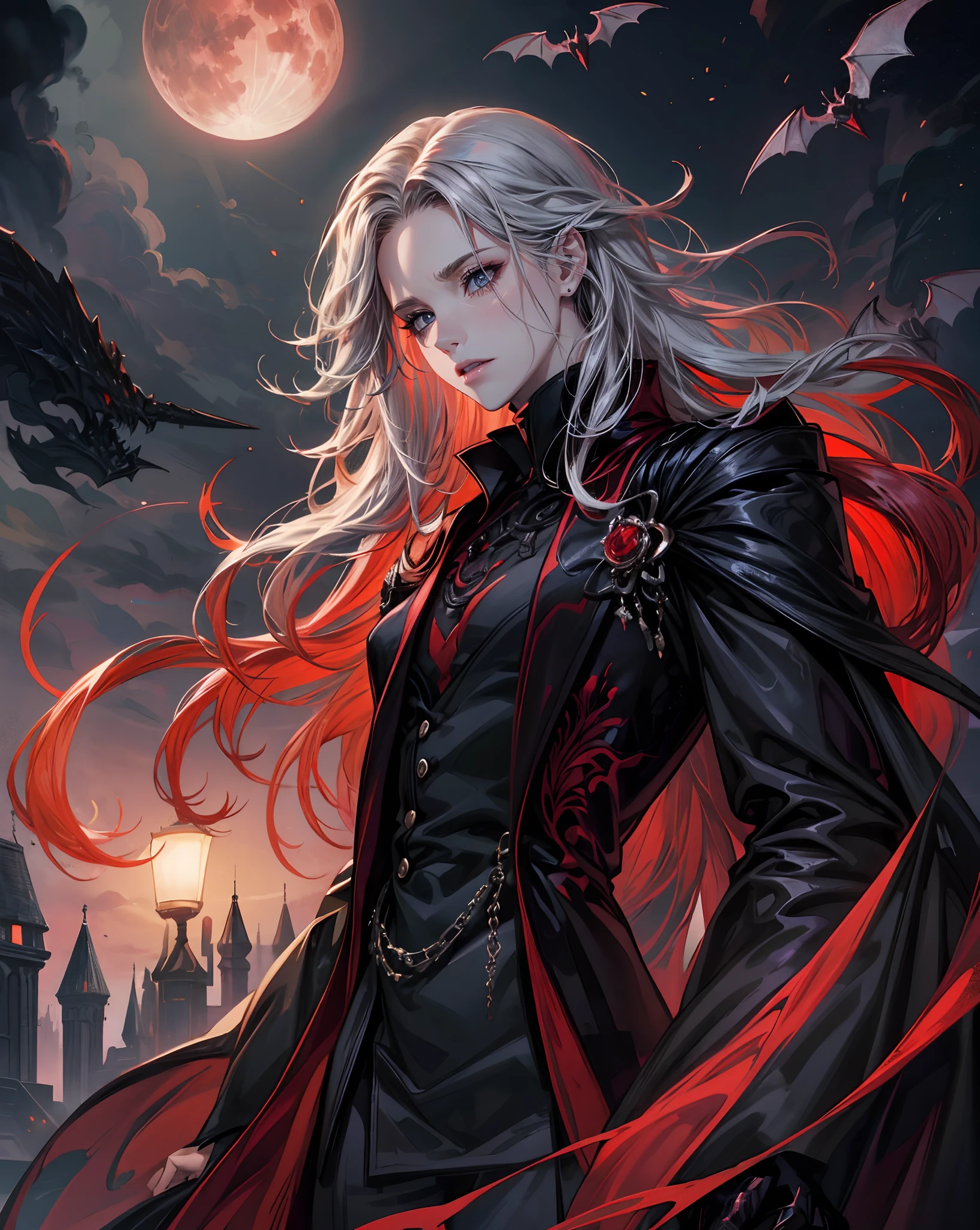 Pale skin girl, wearing beautiful elegant black_red dress, dark_fantasy, curly long hair, red moon, pixiv, vampire, elegant spooky, ffxiv, dramatic light, fantasy background, manga style, Tsutomu Nihei style, vibrant colors, Manga nib pen style, dramatic lighting, beautiful_sparkle background, ((shiny )), glistening, highly detailed, light, spooky atmosphere — quality, ((more details:1.5))