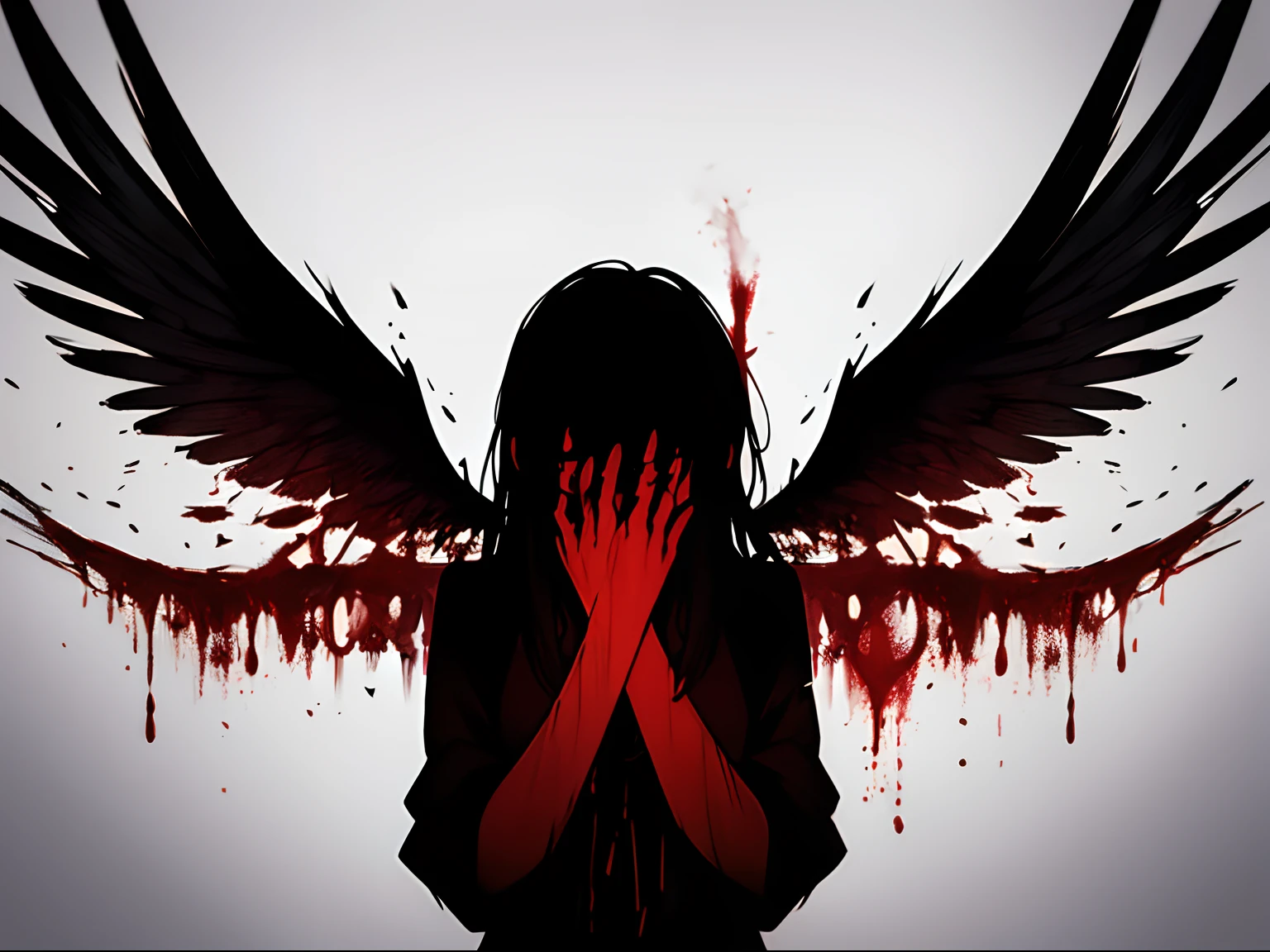 black background, blood, blood on hands, reaching, solo, wings