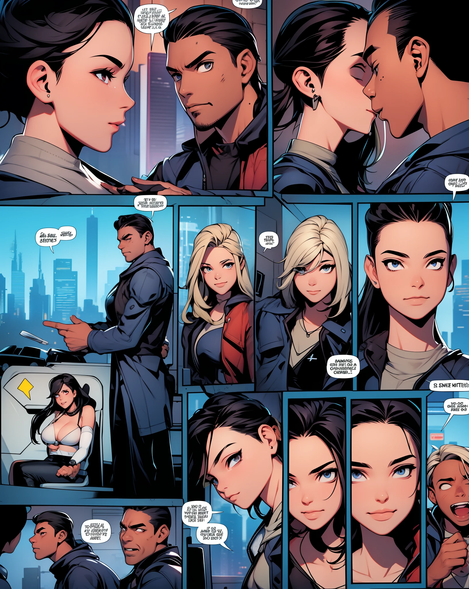 comic illustration, cyberpunk 2077, comicpanels,ENFP man (energetic and talkative) approaches the INFJ lady table with a curious smile. Best quality, intricate details, clean lines, eye-catching composition, anime realism, ample headroom, dynamic pose, third rules of photography, perfect illustration