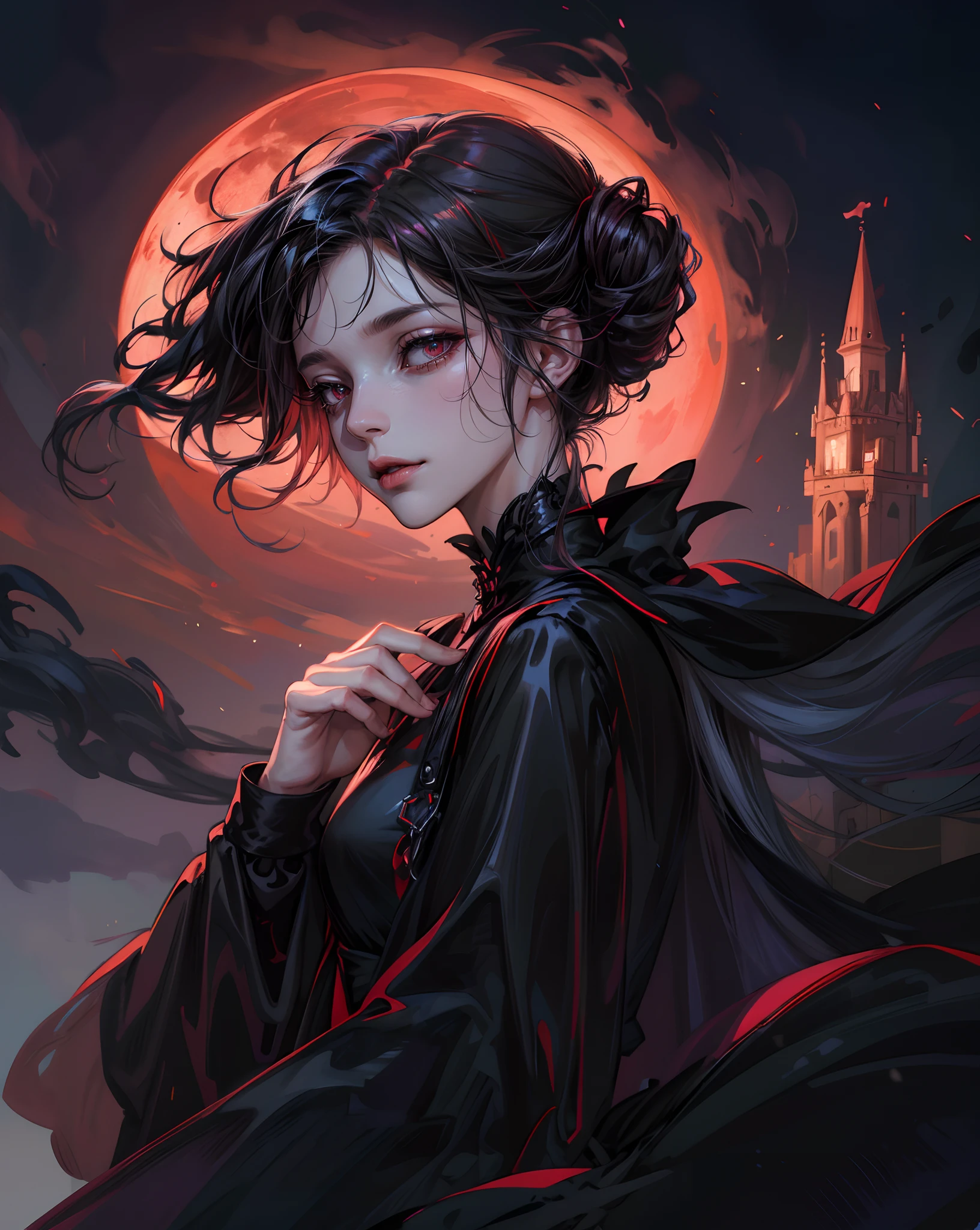 Pale skin girl, wearing beautiful elegant black_red dress, dark_fantasy, curly long hair, red moon, pixiv, vampire, elegant spooky, ffxiv, dramatic light, fantasy background, manga style, Tsutomu Nihei style, vibrant colors, Manga nib pen style, dramatic lighting, beautiful_sparkle background, ((shiny )), glistening, highly detailed, light, spooky atmosphere — quality, ((more details:1.5))