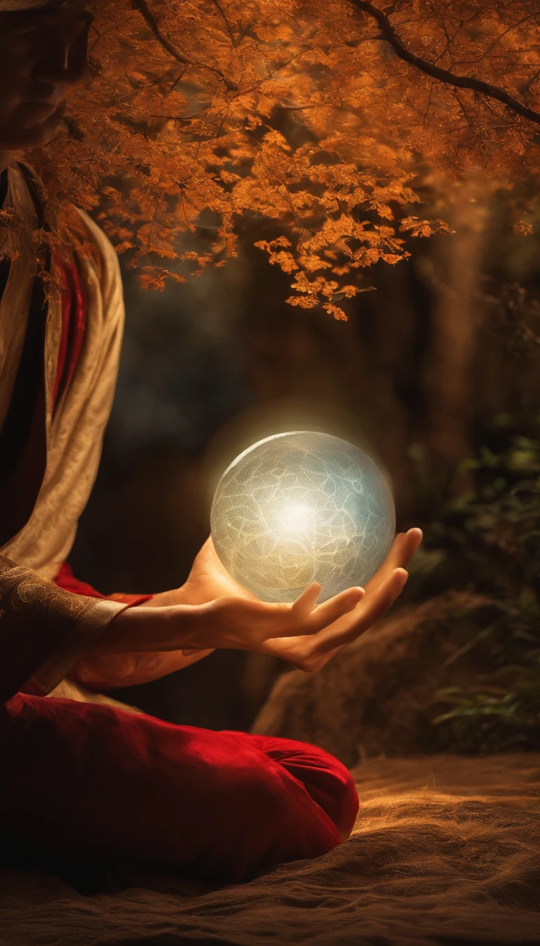 Close-up of a 30-year-old middle-aged Asian man,Holding a glowing ball in your hand,Longas, whitish hair,barba Longasa,Cross-legged sitting meditation ignites the aura of magic around you,taoist master,taoist