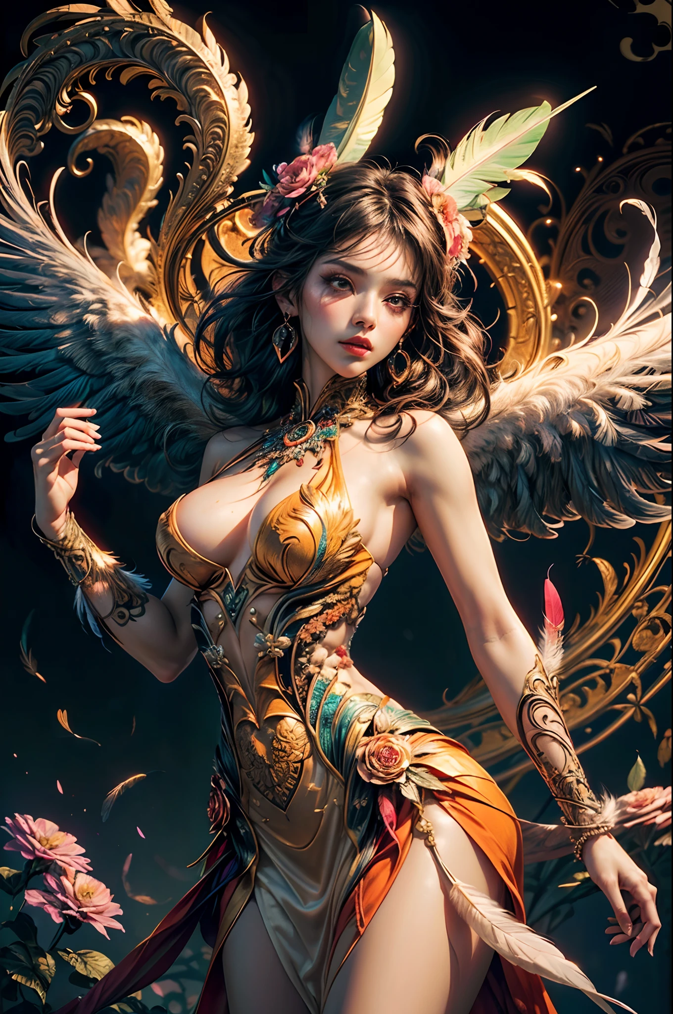 (masterpiece, top quality, best quality, official art, beautiful and aesthetic:1.2), (1girl:1.3), extremely detailed,(fractal art:1.1),(colorful:1.1)(flowers:1.3),highest detailed,(zentangle:1.2), (dynamic pose), (abstract background:1.3), (shiny skin), (many colors:1.4), ,(earrings), (feathers:1.5) , (Flamethrower:1.3),red background,Phoenix dress