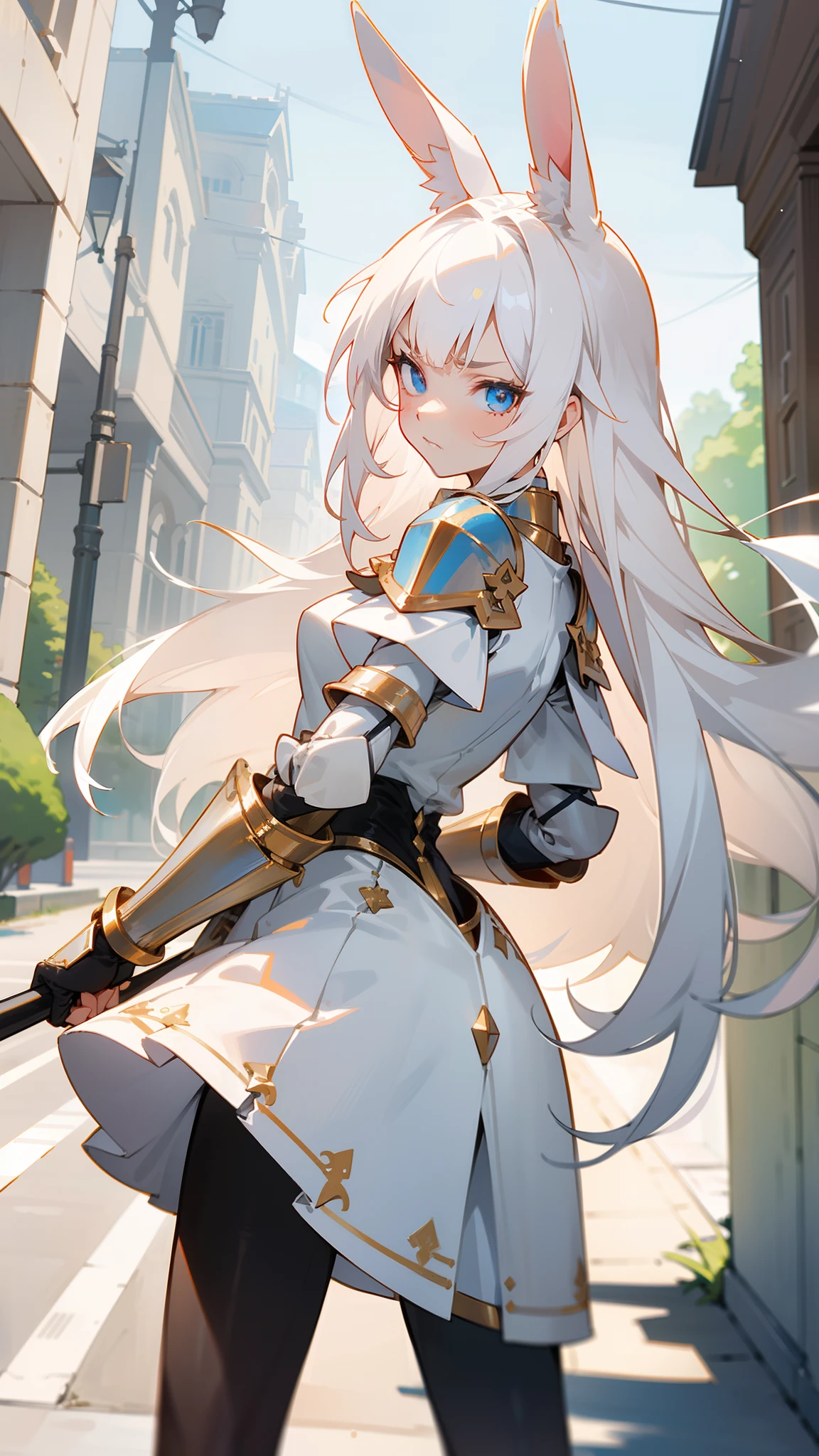 1rabbit girl,(small),solo,white hair,Long rabbit ear,blue eyes,long hair,white blouse,white skirt,gold armor shoulder pads,knight,masterpiece,best face,detailed face,innocent face,walking in street,angry face,closed mouth,(black pantyhose),looking at viewer, looking back,cowboy shot