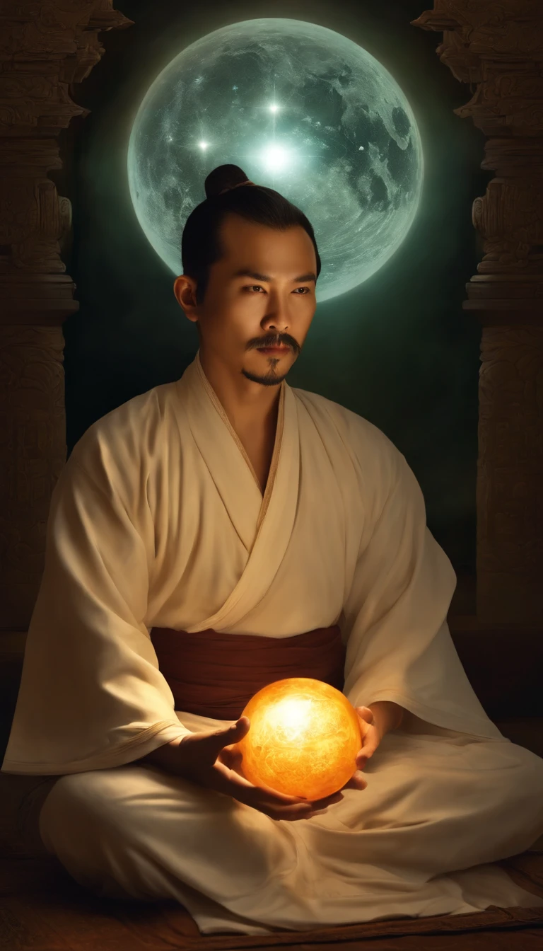 Close-up of a 30-year-old middle-aged Asian man，Holding a glowing ball in your hand,Longas, whitish hair，barba Longasa，Cross-legged sitting meditation ignites the aura of magic around you，taoist master,taoist
