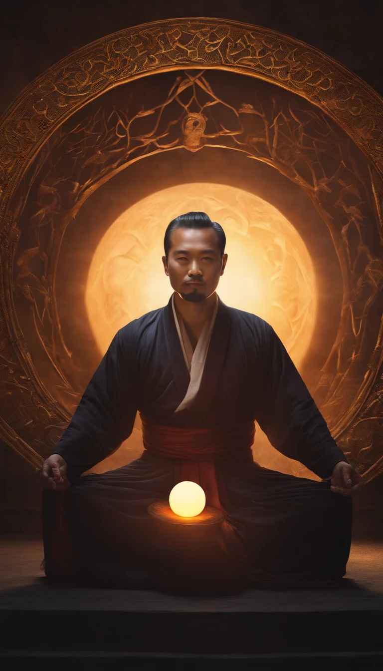 Close-up of a 30-year-old middle-aged Asian man，Holding a glowing ball in your hand,Longas, whitish hair，barba Longasa，Cross-legged sitting meditation ignites the aura of magic around you，taoist master,taoist