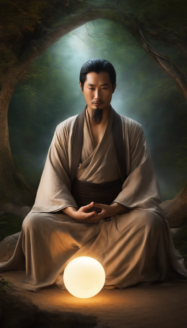 Close-up of a 30-year-old middle-aged Asian man,Holding a glowing ball in your hand,Longas, whitish hair,barba Longasa,Cross-legged sitting meditation ignites the aura of magic around you,taoist master,taoist
