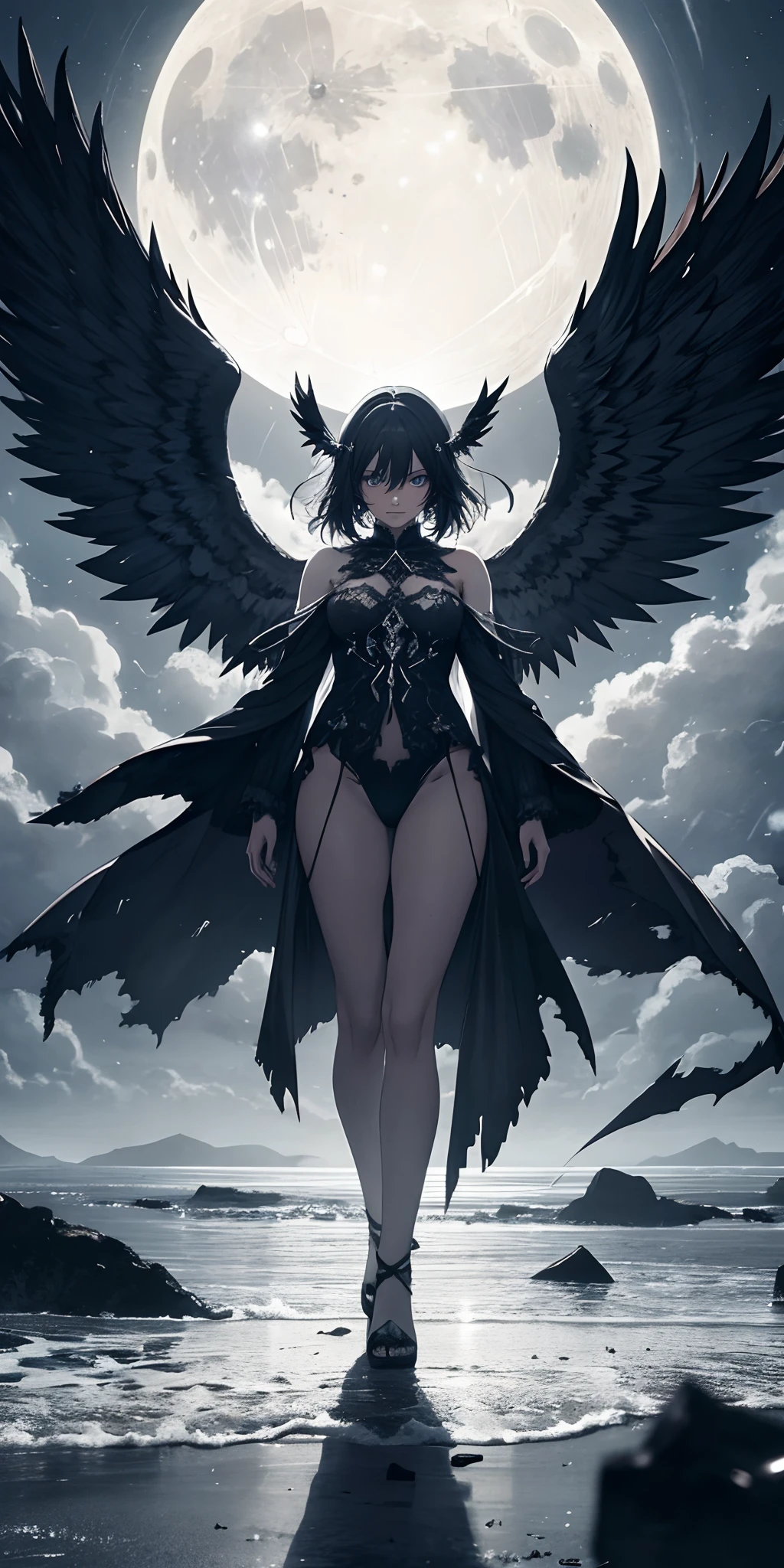 Fallen angel, tattered celestial robes, ethereal wings marred by darkness, solitary figure on a desolate island's shoreline, moonlight casting an eerie glow, windswept sands, a sense of melancholic beauty, best quality, intricate details, clean lines, eye-catching composition, soft tones, anime realism, the juxtaposition of celestial grace and desolation, perfect illustration