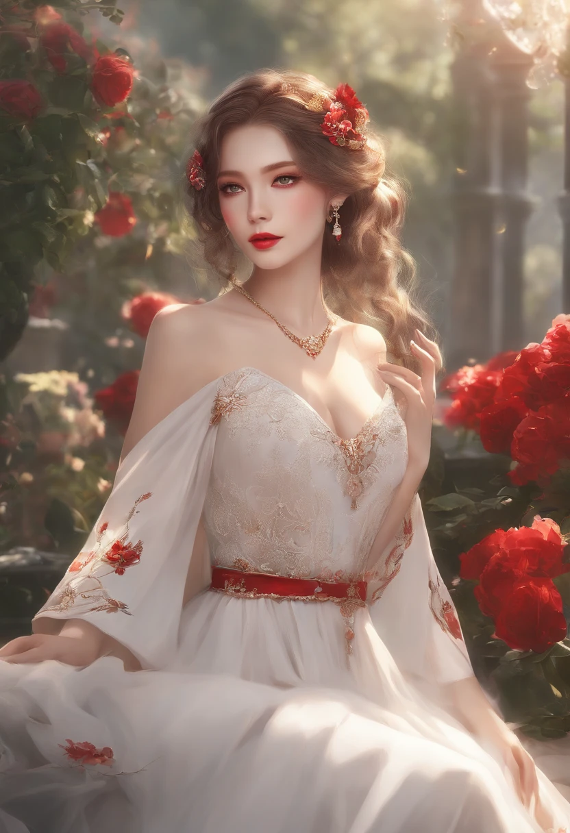 (Masterpiece),(Best quality:1.0), (ultra highres:1.0), detailed illustration, 8k, Anime, 1fille, beautiful anime girl, portant une robe rouge, Couronne de fleurs, joli visage, Detailed face, beaux yeux, detailled eyes, Dark red eyes, bright red lips, red lipstick, beautiful elegant hair, Faits saillants dans les cheveux, Style Anime Bangs, Best quality, Dynamique
