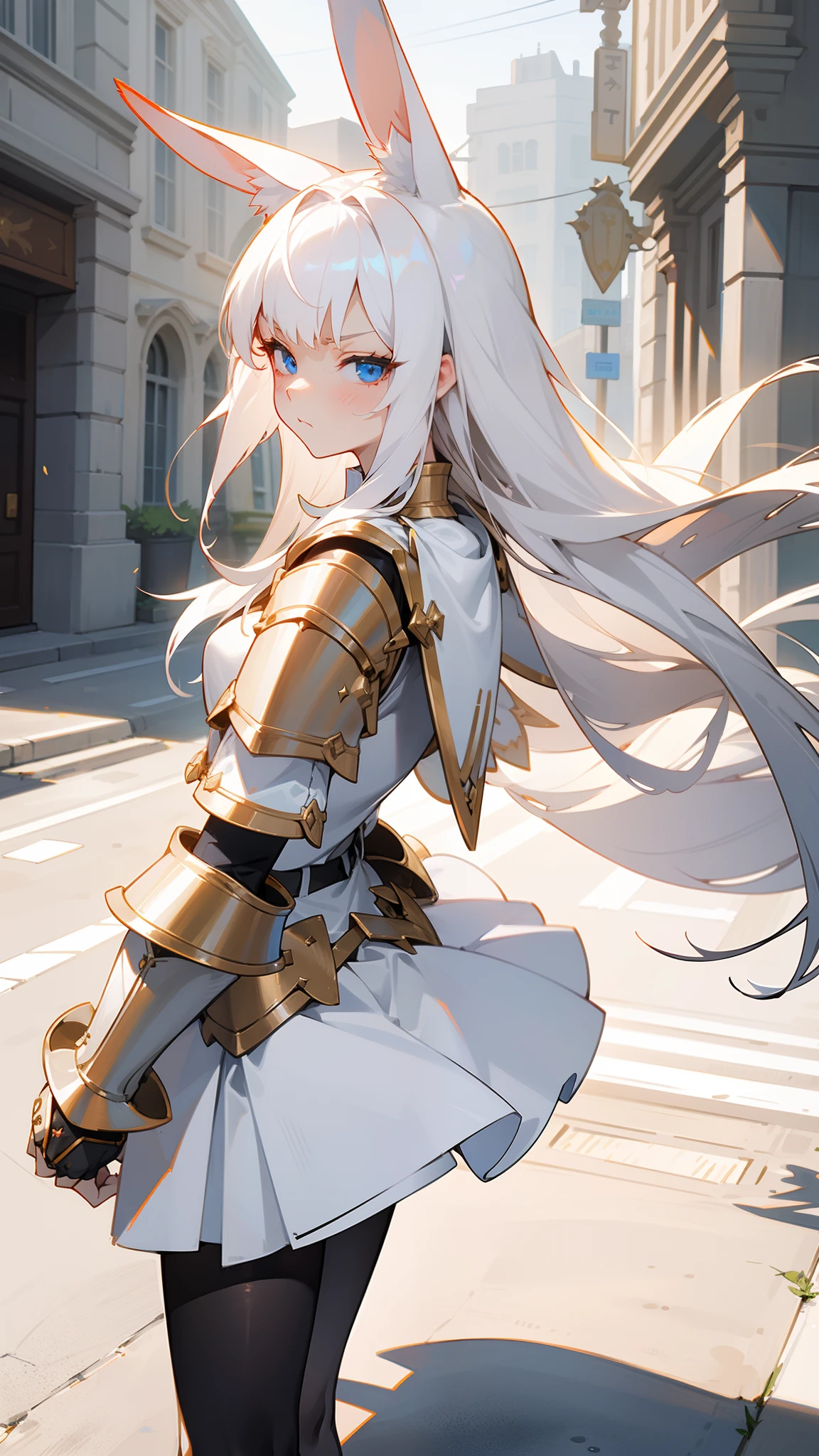 1rabbit girl,(small),solo,white hair,Long rabbit ear,blue eyes,long hair,white blouse,white skirt,gold armor shoulder pads,knight,masterpiece,best face,detailed face,innocent face,walking in street,angry face,closed mouth,(black pantyhose),looking at viewer, looking back,