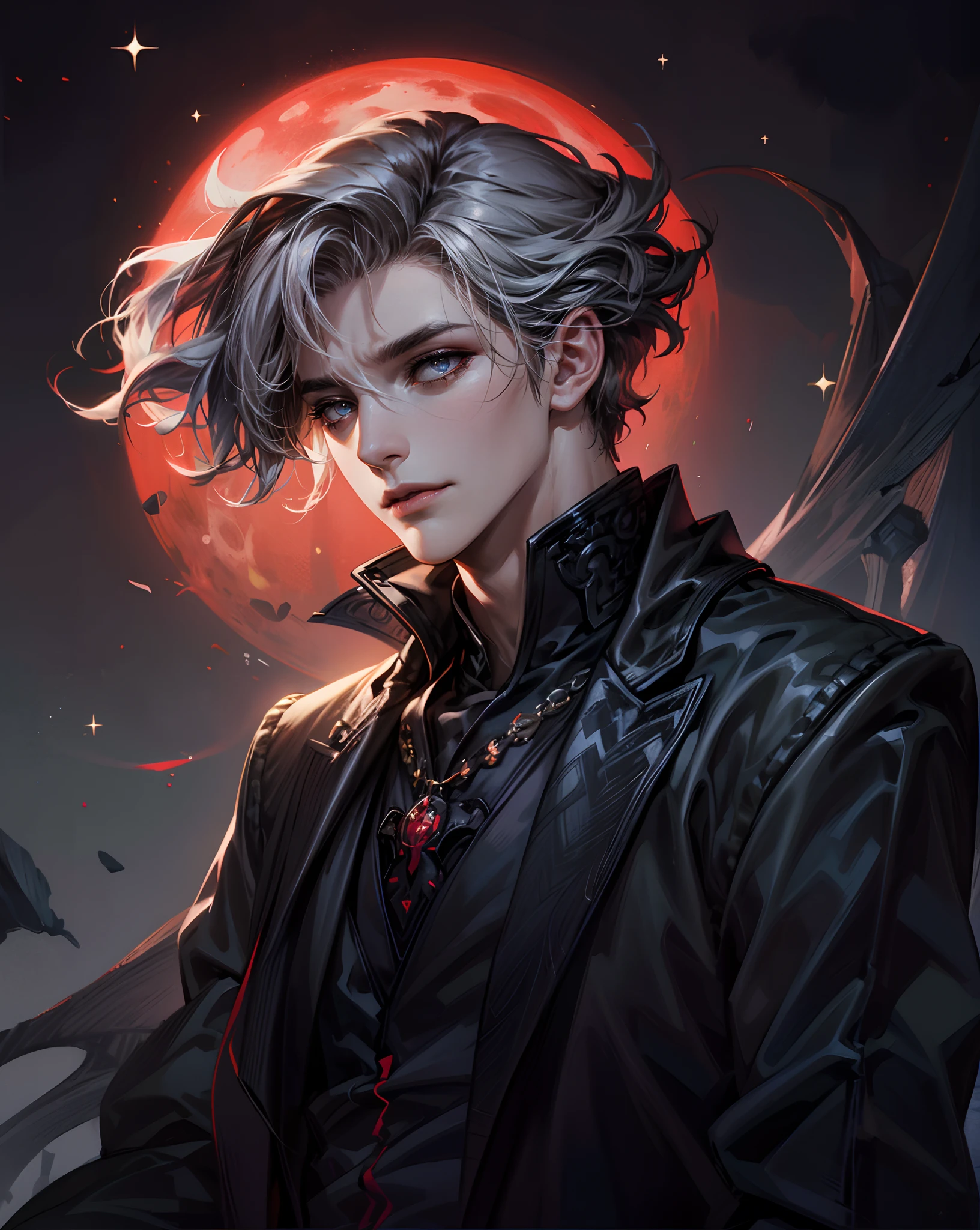 Attractive profile picture, masterpiece, ultra-precise rendering, beautiful and cool young man, trustworthy, dependable young man, savior of the world, simple design, most beautiful image, 4K, the color of the clothes is the same as the original, red eyes, white hair.