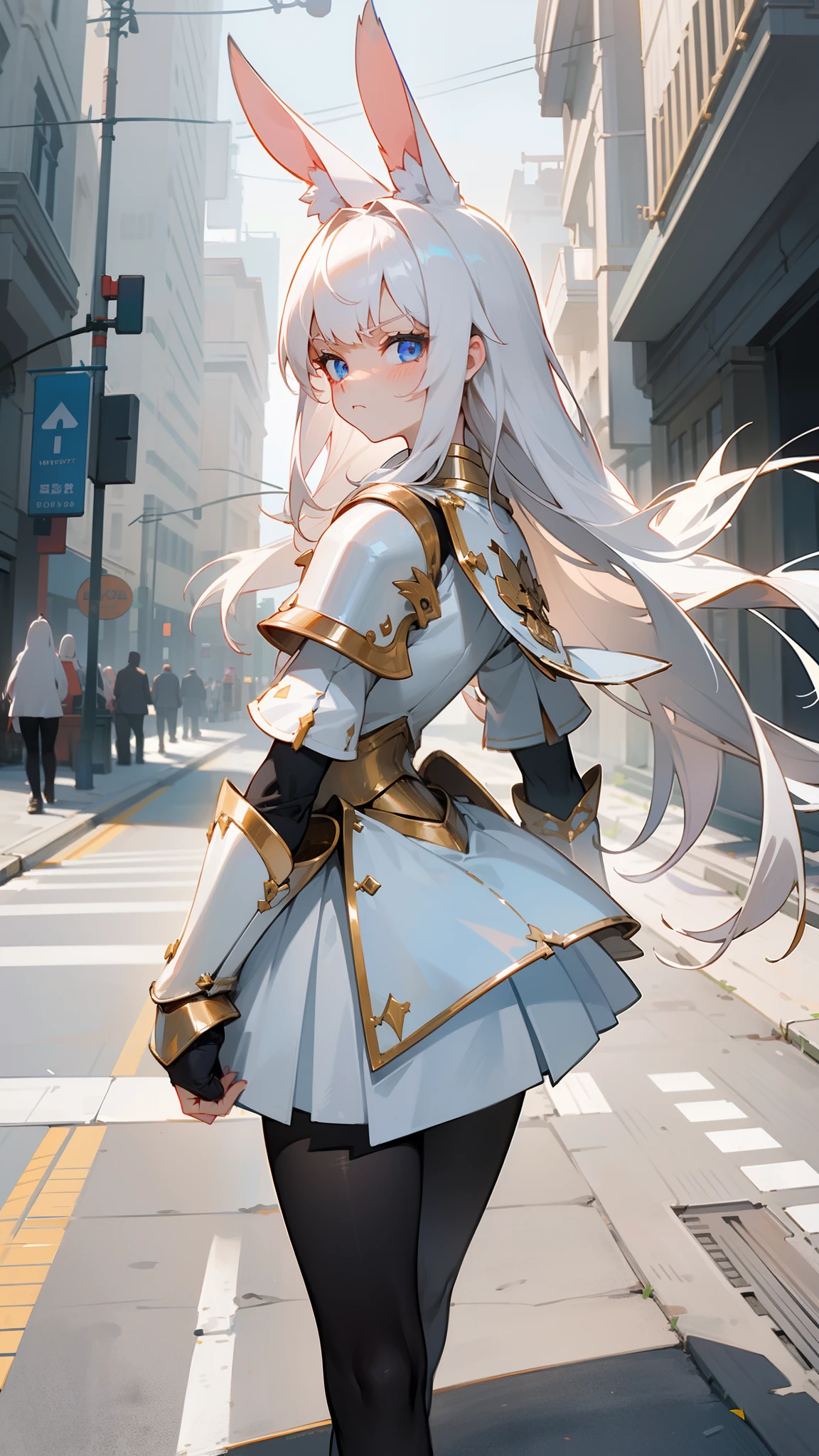 1rabbit girl,(small),solo,white hair,Long rabbit ear,blue eyes,long hair,white blouse,white skirt,gold armor shoulder pads,knight,masterpiece,best face,detailed face,innocent face,walking in street,angry face,closed mouth,(black pantyhose),looking at viewer, looking back,