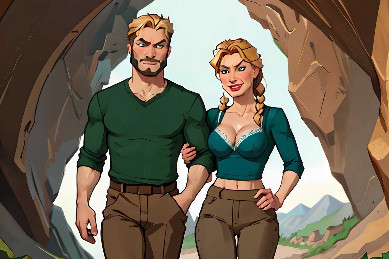 Helga and man, couple, helga looking back at man, walking, large breasts, bra, tight brown pants, evil smirk, inside, cave