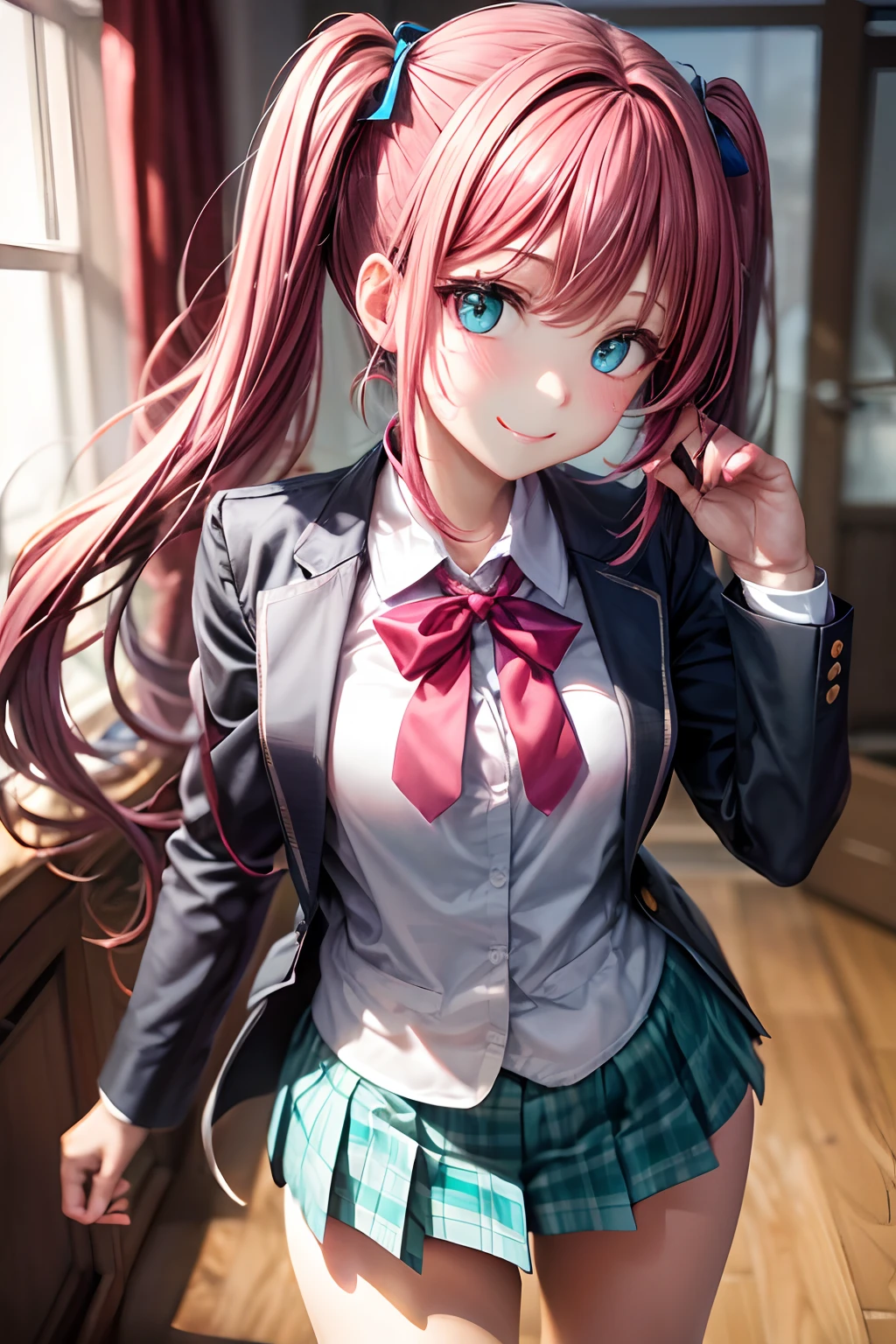 (hoang lap,hight resolution,Hyper-detailing,nffsw),tmasterpiece,best qualtiy,1girll ,Handsome,Long pink twin tail hair,A detailed face,full body Esbian、A dark-haired、High School Uniform、pink blazer、Dark blue mini skirt、Pink tie、Schools、Full body S screw、Self-shot,lightsmile,(teal eyes)