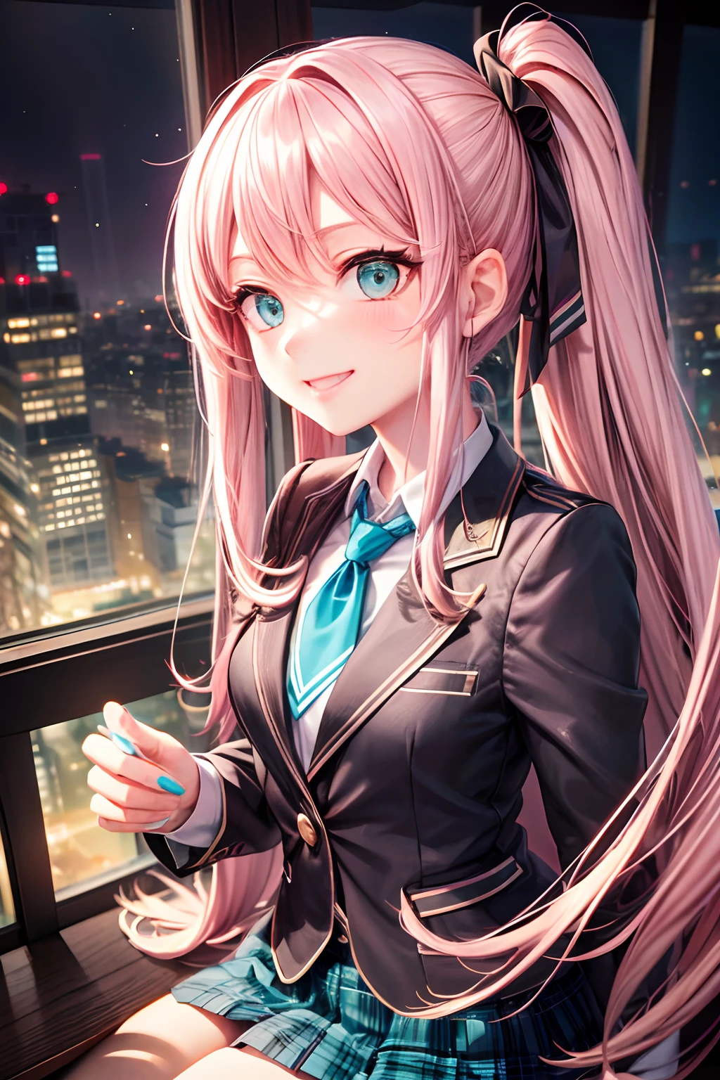 （hoang lap，hight resolution，Hyper-detailing，nffsw），tmasterpiece，best qualtiy，1girll ，Handsome，Long pink twin tail hair，A detailed face，full body Esbian、A dark-haired、High School Uniform、pink blazer、Dark blue mini skirt、Pink tie、Schools、Full body S screw、Self-shot，lightsmile，（teal eyes）