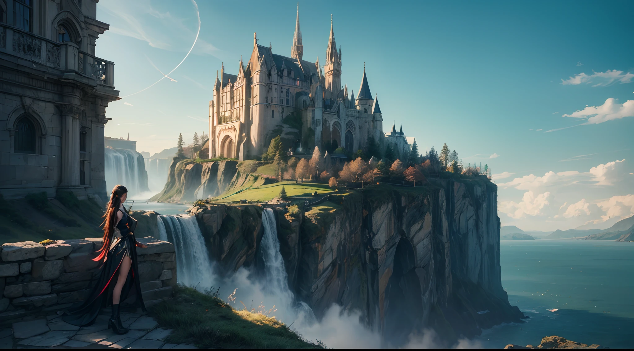 (best quality,4k,8k,highres,masterpiece:1.2),ultra-detailed,(realistic,photorealistic,photo-realistic:1.37),huge castles,skyscrapers floating in the sky,utopia,top quality fantasy,cyberpunk isekai,giants waterfall,mother nature,unimaginable,unbelievable,virtual reality,oasis of serenity,colorful neon lights,futuristic technology,vibrant cityscape,awe-inspiring architecture,unlimited possibilities,mesmerizing view,ethereal atmosphere,enchanting environment,majestic structures,thousands of feet high,sparkling clear water,breathtaking scenery,transcendent beauty,surreal landscape,architectural marvels,wonder of nature,harmony between man and nature,limitless imagination,urban paradise,dream-like setting,unrealistically magnificent,picture-perfect moments,serene tranquility,spellbinding aesthetic,awe-inducing skyline