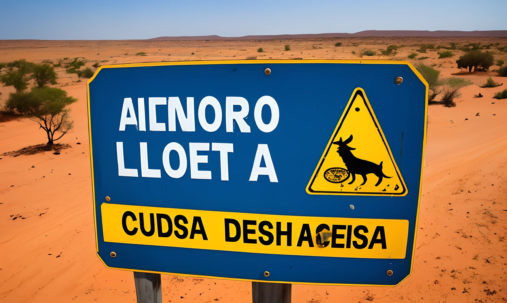 uma placa amarela em um local deserto, escrito, "cuidado chupa Cabra