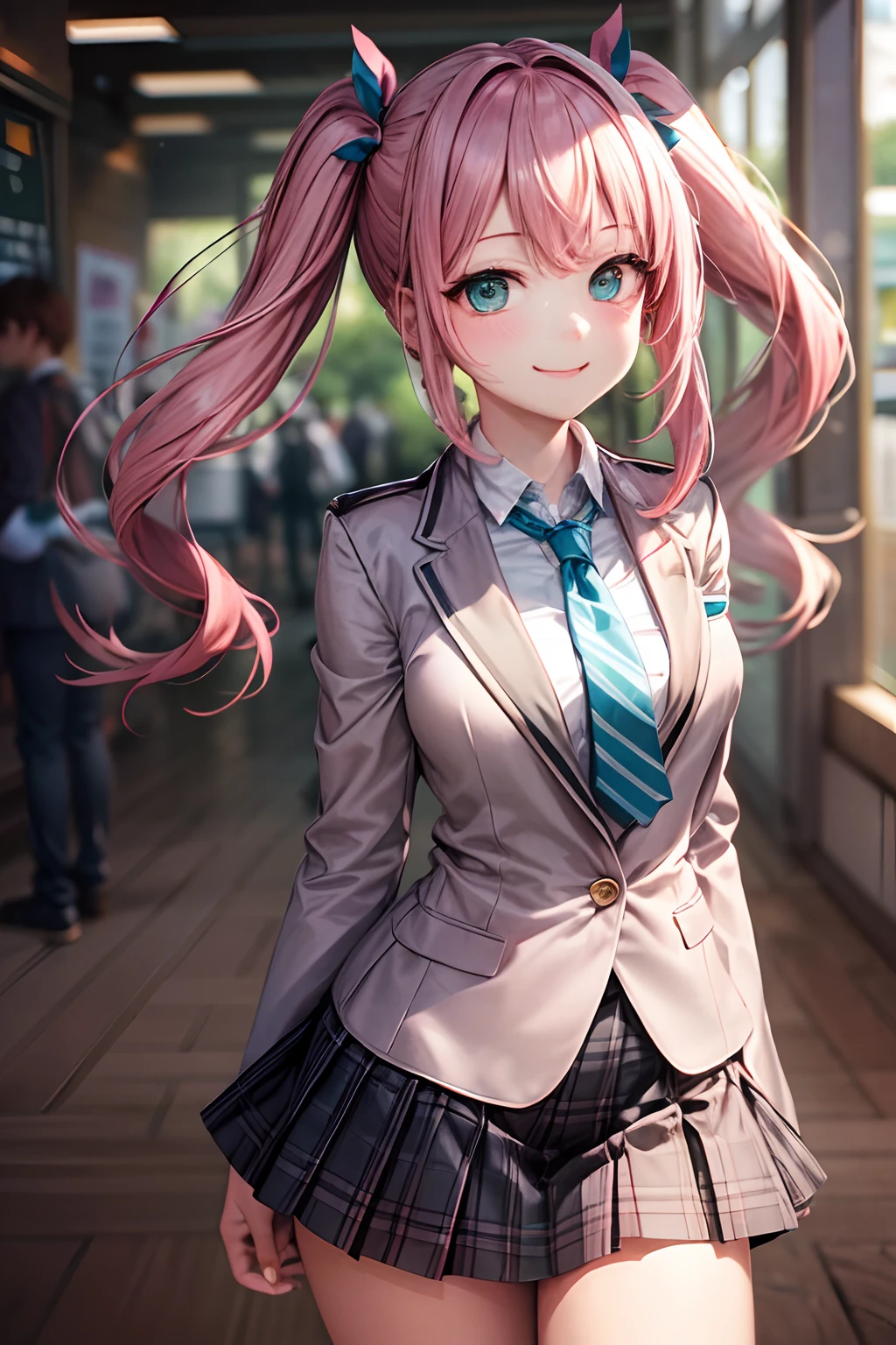 (hoang lap,hight resolution,Hyper-detailing,nffsw),tmasterpiece,best qualtiy,1girll ,Handsome,Long pink twin tail hair,A detailed face,full body Esbian、A dark-haired、High School Uniform、pink blazer、Dark blue mini skirt、Pink tie、Schools、Full body S screw、Self-shot,lightsmile,(teal eyes)