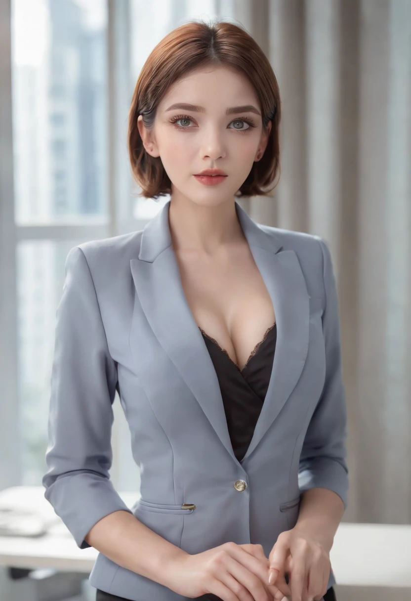 Detailed female face looking at camera, Blue eyes, Hot thick red lips, Mouths parted with sensuality, Fix a deformed finger, Photorealistic, sharp eye、wearing a business suit、knee high socks,perfect fingers、short hair swimwear