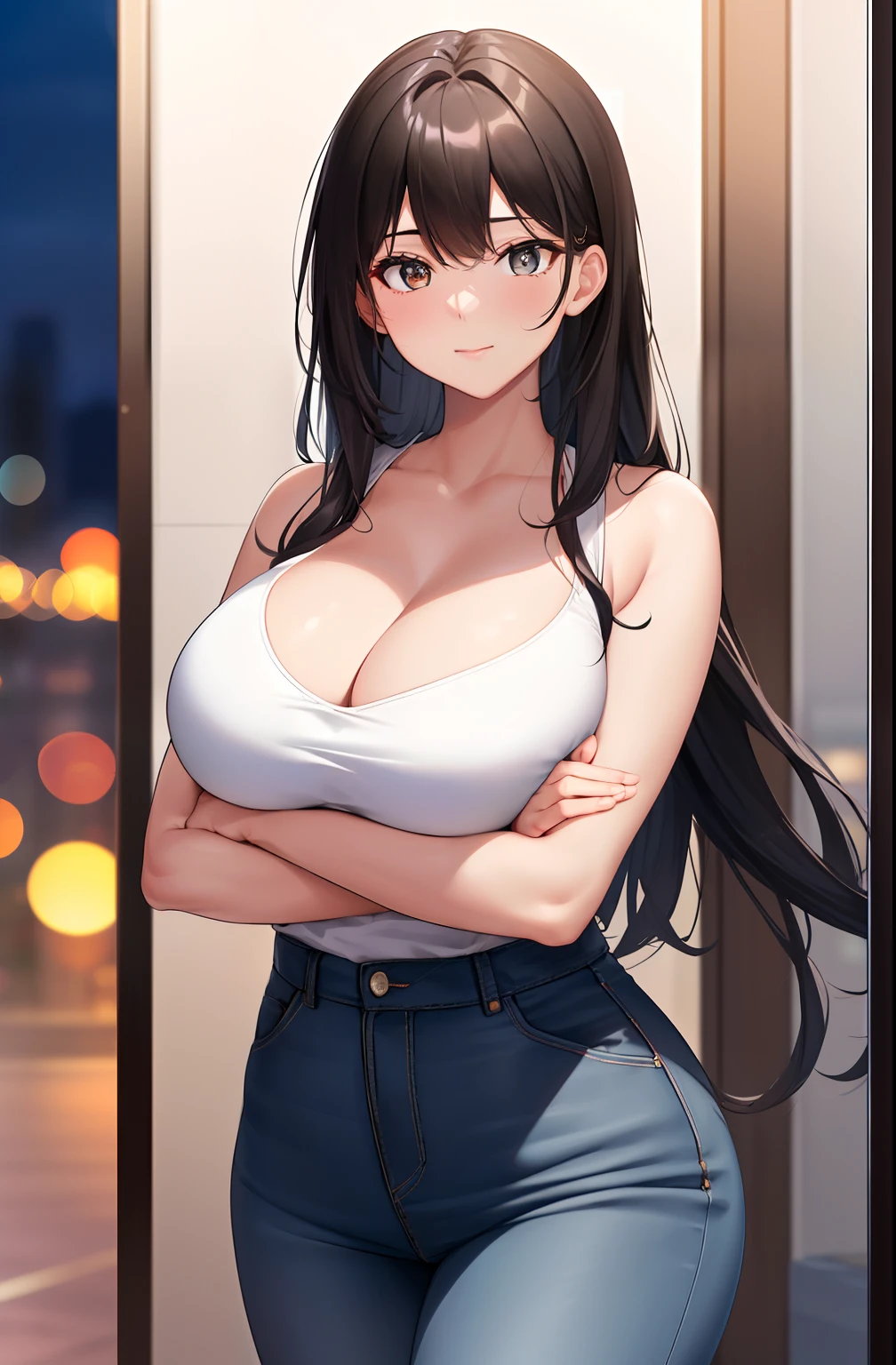 (Night:1.7), Japan, Tokyo, CityView, Before Window,
Standing at attention,crossed arms, 
Black_shirt, cleavage, Jeans,
 Black_hair,Long_hair,Brown_eyes,Bangs,
1 girl, 24yo,mature female,Beautiful Finger,Beautiful long legs,Beautiful body,Beautiful Nose,Beautiful character design, perfect eyes, perfect face,
looking at viewer, in the center of the image,
NSFW,official art,extremely detailed CG unity 8k wallpaper, perfect lighting,Colorful, Bright_Front_face_Lighting,
(masterpiece:1.0),(best_quality:1.0), ultra high res,4K,ultra-detailed,
photography, 8K, HDR, highres, absurdres:1.2, Kodak portra 400, film grain, blurry background, bokeh:1.2, lens flare, (vibrant_color:1.2)
(Beautiful,Large_Breasts:1.6), (beautiful_face:1.5),(narrow_waist),