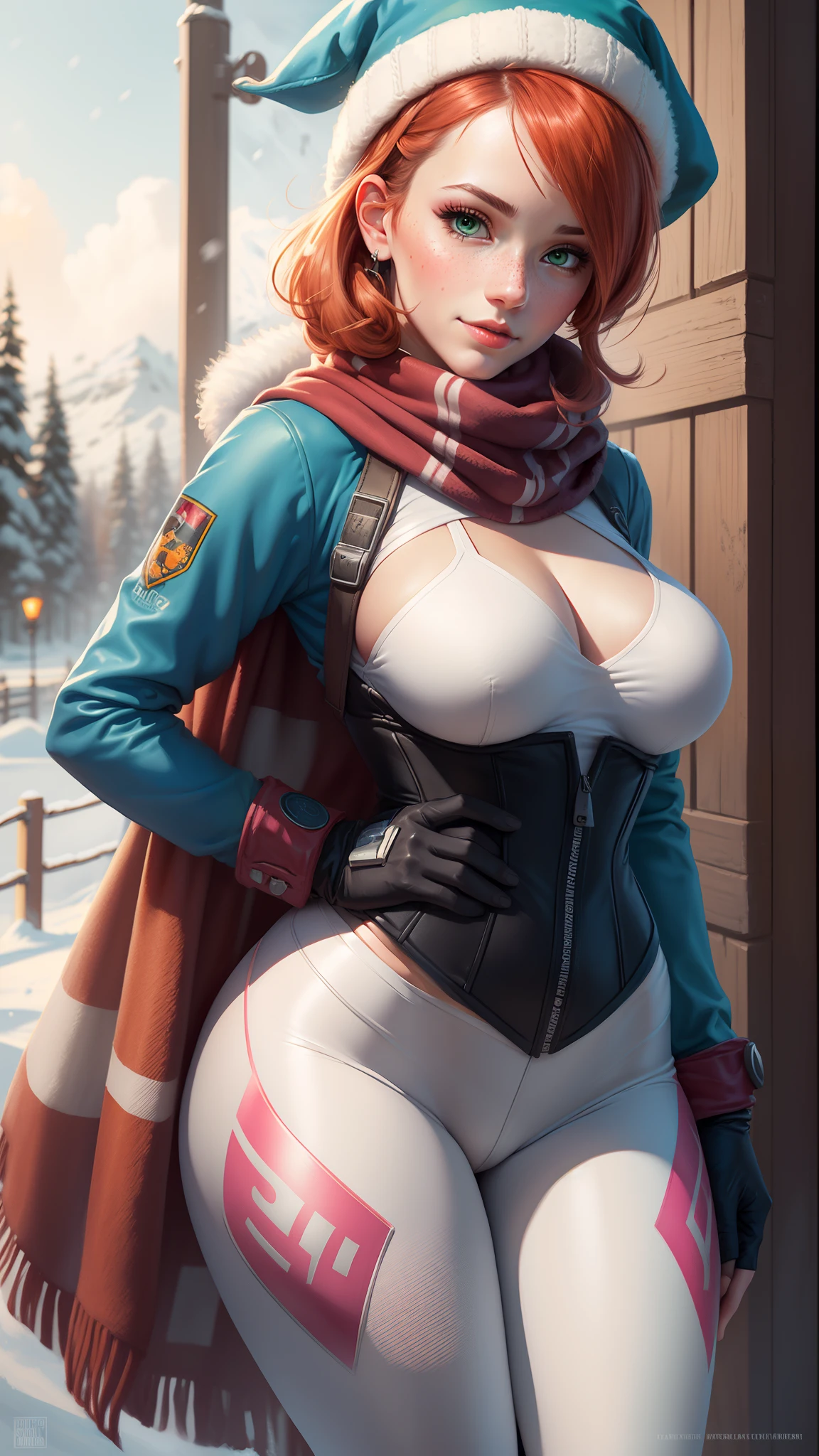 gwen tennyson,tracer,d.va,rebecca chambers,overwatch,gundam,1girl,close up,mecha pilot,winter mountain,rose and blue plugsuit,hair pin,pirate corset, white long sleeve lycra top,white leggings,short hair,cute makeup,green eyes,orange and blue hair,shy smile, freckles,redhead,beautiful girl,large breasts,ultra detailed,realistic,fantasy art,long winter scarf,winter jacket,winter hat,christmas village,snowboard,cold weather,