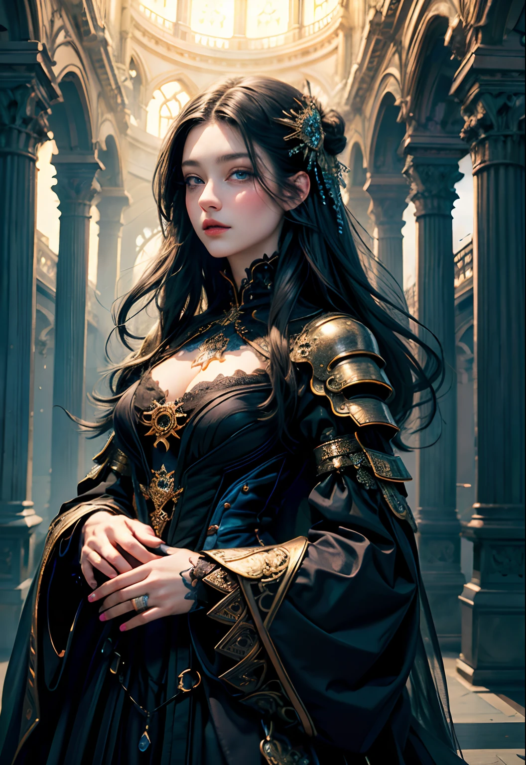 (masterpiece, top quality, best quality, official art, beautiful and aesthetic:1.2), (1girl), extreme detailed,(fractal art:1.3), highest detailed, black hair, blue eyes, pale skin, black clothers