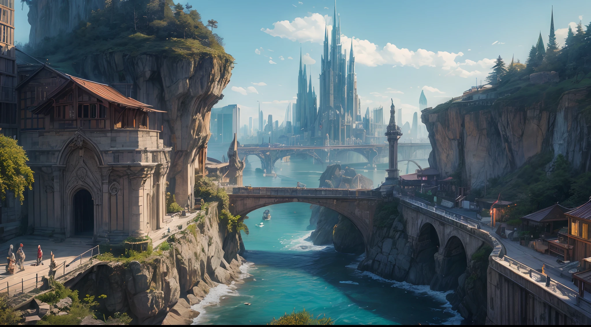 (best quality,4k,8k,highres,masterpiece:1.2),ultra-detailed,(realistic,photorealistic,photo-realistic:1.37),huge castles,skyscrapers floating in the sky,utopia,top quality fantasy,cyberpunk isekai,giants waterfall,mother nature,unimaginable,unbelievable,virtual reality,oasis of serenity,colorful neon lights,futuristic technology,vibrant cityscape,awe-inspiring architecture,unlimited possibilities,mesmerizing view,ethereal atmosphere,enchanting environment,majestic structures,thousands of feet high,sparkling clear water,breathtaking scenery,transcendent beauty,surreal landscape,architectural marvels,wonder of nature,harmony between man and nature,limitless imagination,urban paradise,dream-like setting,unrealistically magnificent,picture-perfect moments,serene tranquility,spellbinding aesthetic,awe-inducing skyline