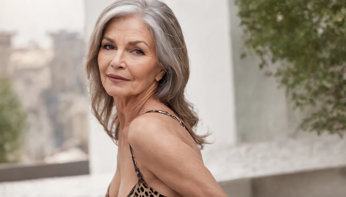 (NSFW:1.5) (65 years old:1.5) (Nipple Exposed:1.5) Wrinkles on the face))), (((masutepiece))), Solo, Super Fine Photo, full body picture Unreal Engine 5 8K UHD, Beautiful woman, curvaceous woman, Details of face, Unified 8K Wallpaper, Hyper Detailed, Sharp Focus, Walking through the city of the future. photorealistic,realistic, portrait of a 60 year old woman, white and black streaked hair, seductive gaze, brown eyes, some wrinkles on her face, she is wearing leather pants with a leopard print thong showing, high heels, leopard print bra, breasts spilling out, large sagging breast, 32k, hoop earrings, dark tanned skin with freckles, chubby, bbw, thick body, long white nails, legs open, mature, milf, white woman, cougar, sexy, old lady, senior citizen, gilf, granny, seductive, hard