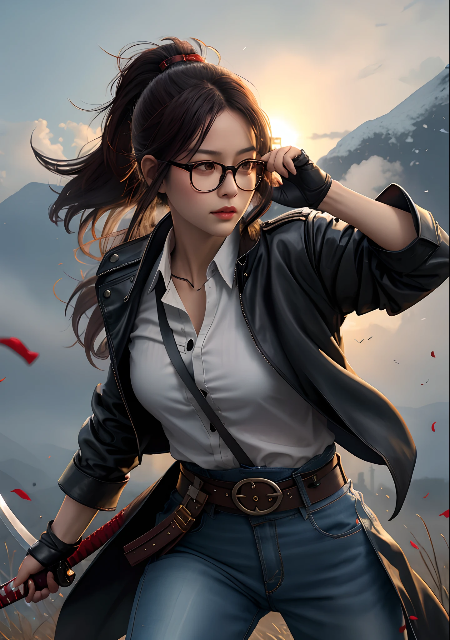 (Positive Focus), (around dark: 1), (Best Quality), (realistness: 1), Movie poster, realistic skin texture, Highly detailed, 8k wallpaper, voluminous lighting, dinamic lighting, Beautiful girl of European appearance with round face, with glasses on, A cruel sarcastic look, One-sided smirk, Long brown disheveled thick hair, fluttering in the wind, The piece is tied in a ponytail, Black Long Heavy Leather Raincoat with Patch Pockets, Wide leather soldier's belt, White silk shirt with unbuttoned top button, black jeans, lace-up boots, sheath on the belt, Fingerless leather gloves, , holding long sword(katana) in the left hand in the firing position, Ancient Japanese Style,  Medium Katana in Belt Attack Pose, blood stains, bloodstained clothes, Ancient Japanese Battlefield, A group of ancient soldiers chase and kill, Arrows are flying, war, night time, dramatic composition, The qi of the sword surrounds, Fragment of the picture, war, movie lighting,