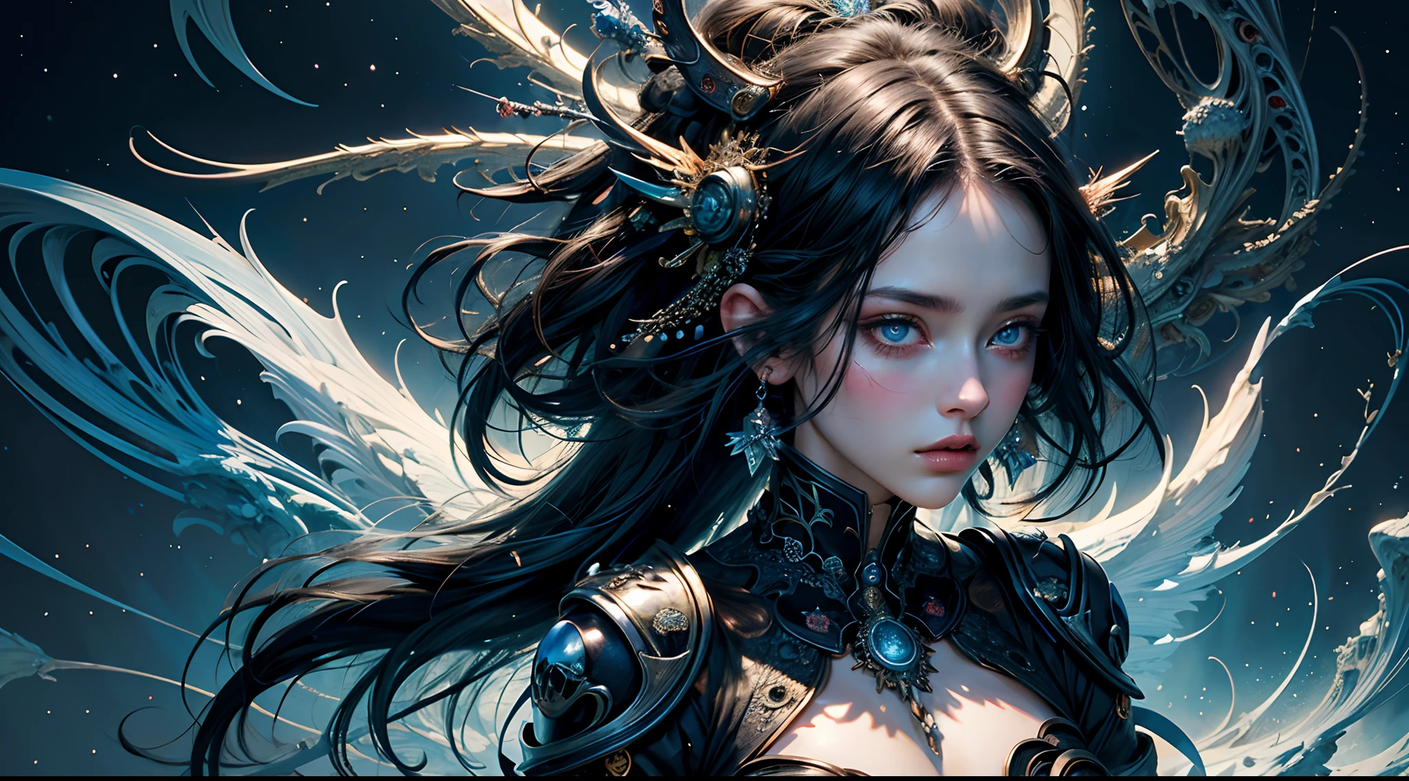 (masterpiece, top quality, best quality, official art, beautiful and aesthetic:1.2), (1girl), extreme detailed,(fractal art:1.3), highest detailed, black hair, blue eyes, pale skin, black clothers