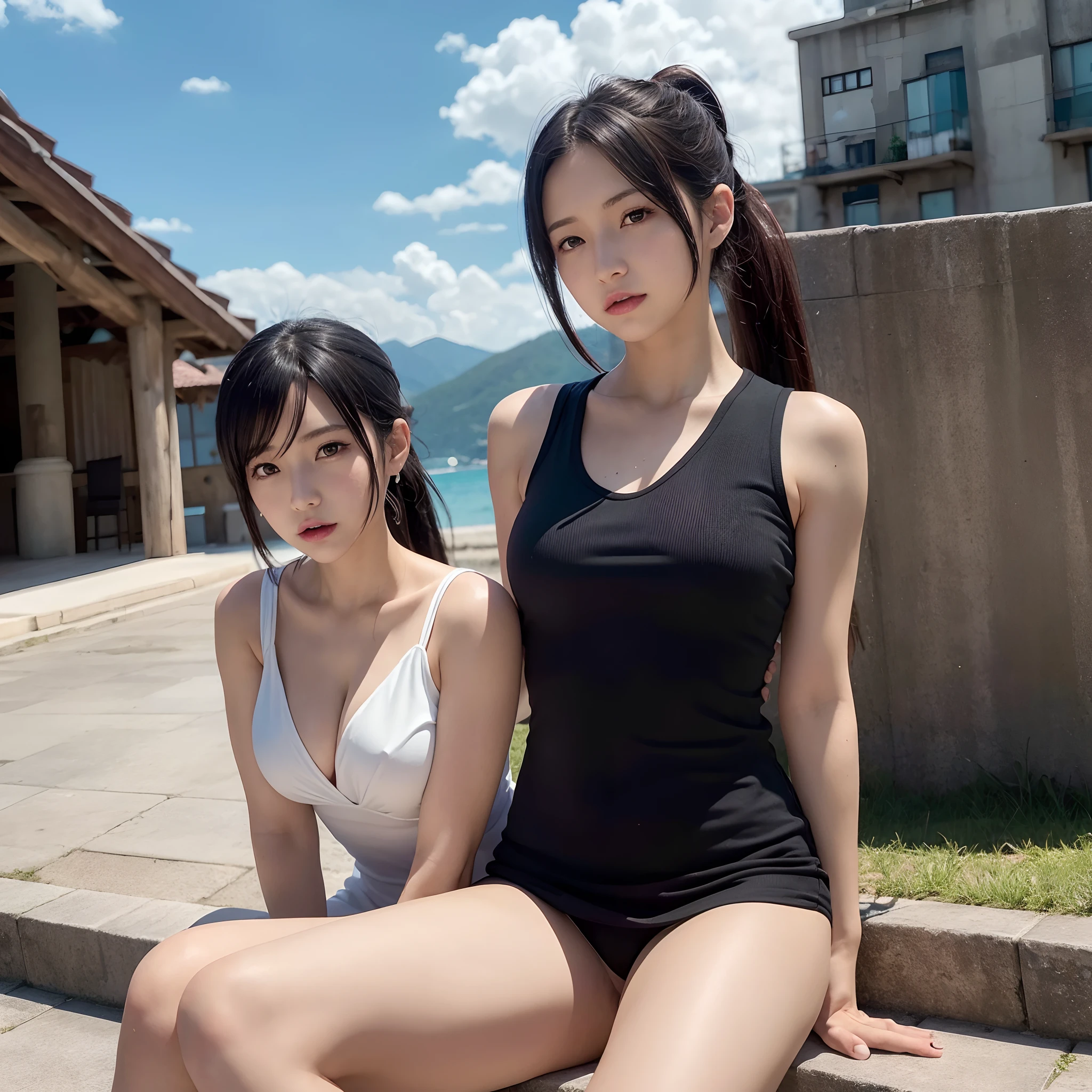 Tifa Lockhart, MKSKS style, (Very detailed background:1.0), (Highly detailed background:1.0), final fantasy vii remake, (Red Eyes), 1girl in, Bare shoulders, aqua dress, Black hair, Green dress, Sleeveless dress , sundress, Duan, Long hair, Night, nigh sky, Open mouth, Outdoors, Ponytail, Sitting, skyporn, Sleeveless, Sleeveless dress, Star (skyporn), Starry sky, Town, aged down, Small breasts, ((white frills)), (White Dress),
