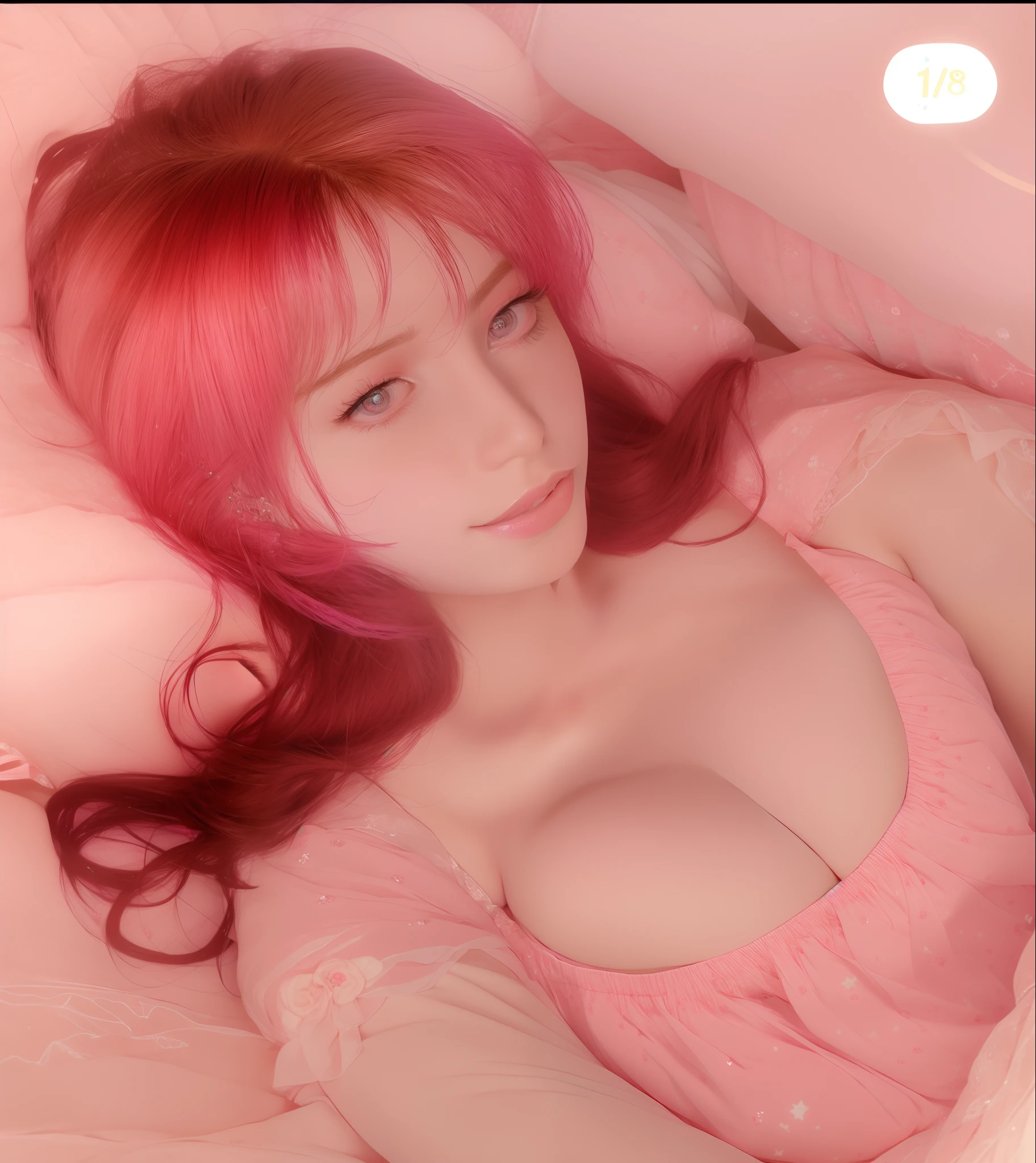 arafed woman in a pink dress laying on a bed, 1 8 yo, amouranth, skydoll noa, belle delphine, angelawhite, busty, doll face, bedroom eyes, 18 years old, on my bed, 2 5 yo, better known as amouranth, sexy girl, 3/4 bust, very very realistic