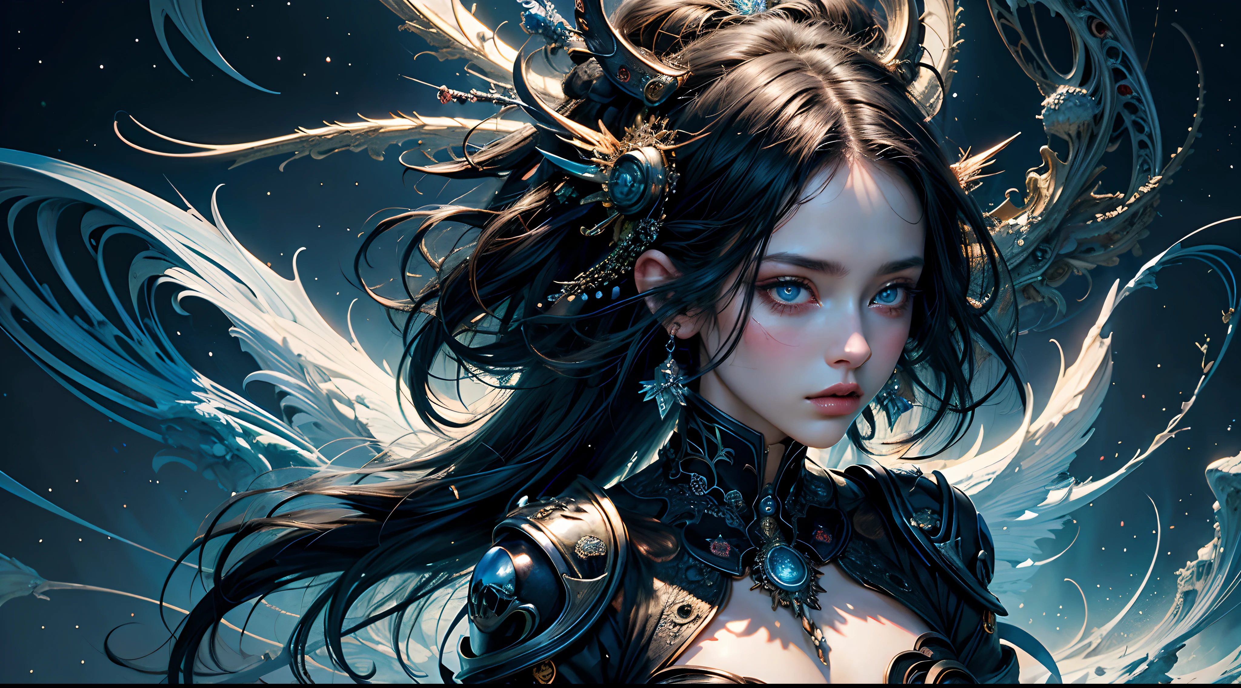 Wizard girl. Very pretty 14 years old,
(((masterpiece, best quality, raw photo, photorealistic, depth of field, ultra detailed, detailed face, very precise eyes))), Dynamic Action Pose, Invoke Magic, Mechanical Magic Weapons,  very slender long legs, lace stockings on the knee, steampunk headgear, fluttering lace flared mini skirt, off-shoulder fashion with a fusion of detailed and intricate steampunk and detailed gothic lolita, upward and beautiful small breasts, (((Thick bangs))), (((princess cut))), Clean long Black hair, long vertical curly hair, wind driven, futuristic complex steampunk factory background, infinite dark universe, flying celestial bodies, countless celestial neon lights raining down from the heavens, cinematic lighting decoration.
