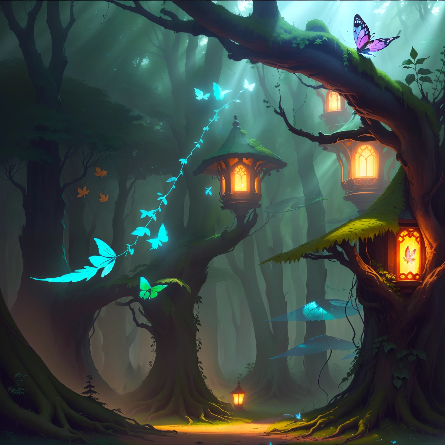 A dense forest with tall, leafy trees, Featuring vibrant, eerie cores, with rays of sunlight penetrating the leaves and creating patterns of light on the ground. Magical creatures like fairies, Colorful butterflies and little elves are delicately sketched on the planes, Giving a magical air to the environment.
