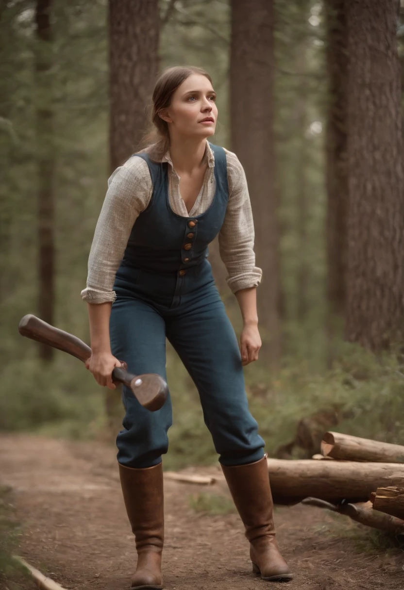 lumberjack, wearing Jodhpurs, Playing with Hair, CineColor, "She bangs, she bangs, oh baby, when she moves, she moves.", artstation, art by Dmitry Vishnevsky,art by Elizabeth Catlett
