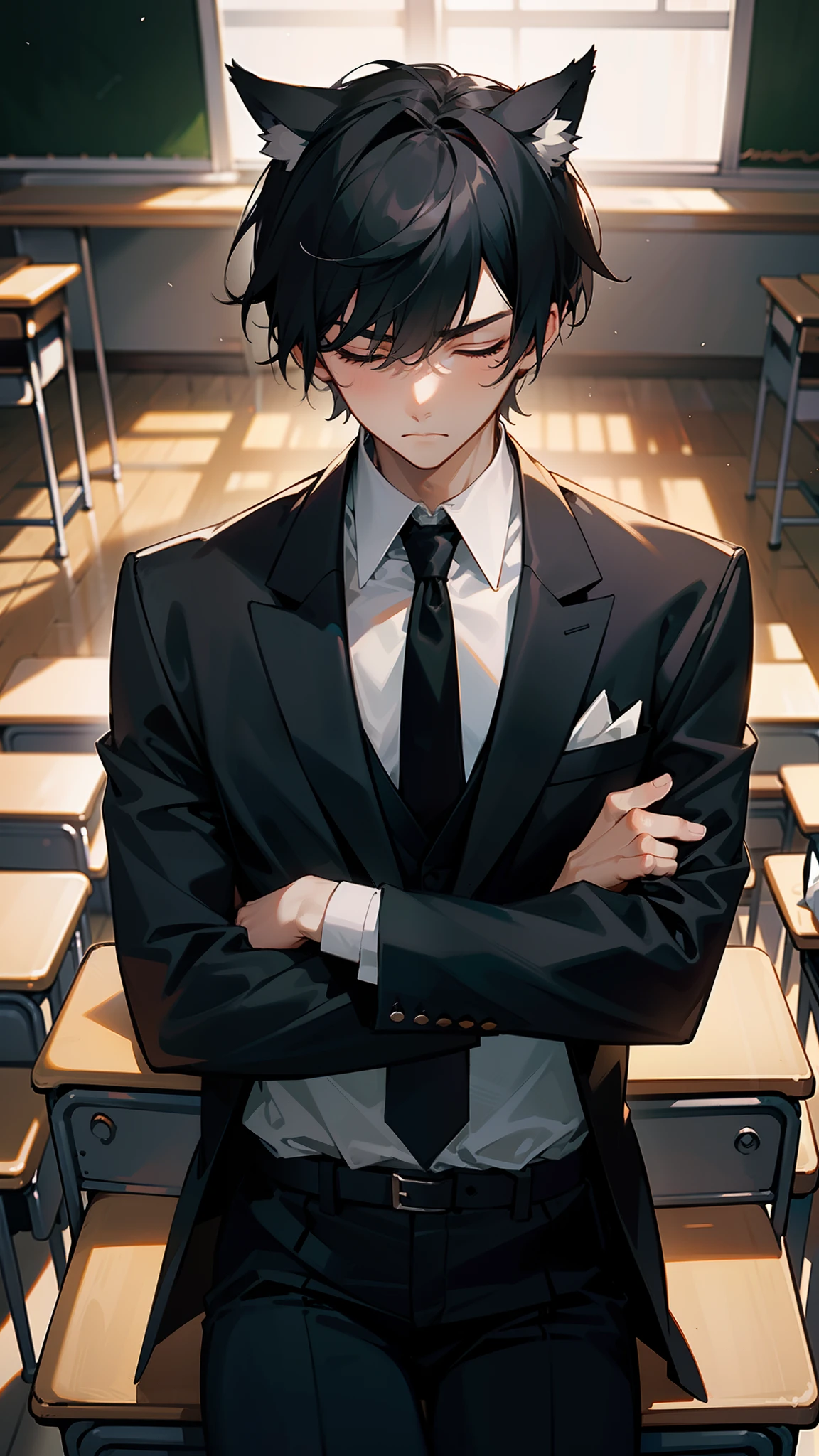 1boy,20s,tall,serious face,white shirt,black blazer,black tie,black pants,black hair,short hair,closed eyes,wolf ears,wolf tail,(((sitting in a classroom))),cowboy shot,crossed arms