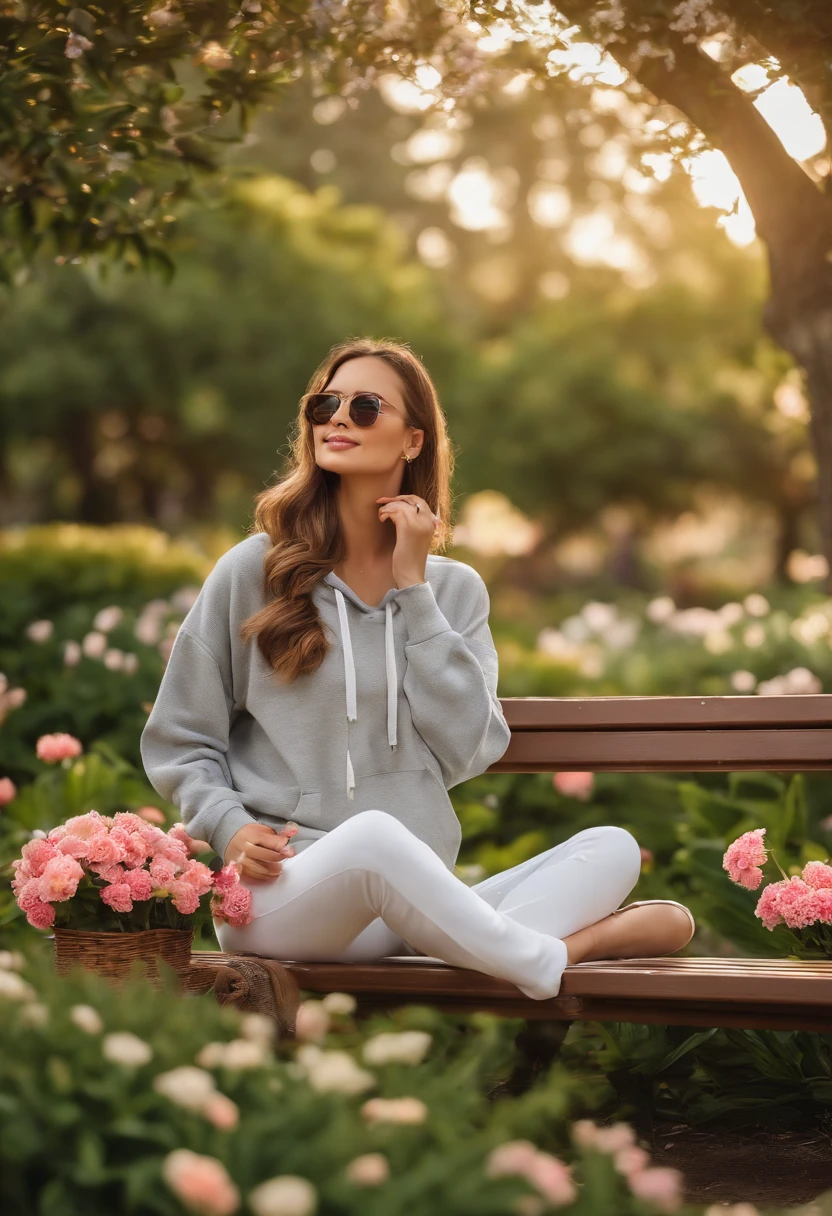 A girl sitting on a bench in the park, eating her lunchbox. She is wearing a light gray hoodie and white long pants. The background is filled with flowerbeds, where 's breath, pink carnations, yellow lilies, and white freesias are blooming. The camera captures the scene from a slightly distant perspective.

(highres, realistic:1.2), detailed, vibrant colors, soft lighting, park scenery, botanical garden, peaceful atmosphere, sunny day, gentle breeze, picnic vibes, leisurely lunch, idyllic setting, serene mood, green surroundings, relaxing moment, aesthetic composition, natural beauty, elegant pose, thoughtful expression, natural sunlight, dappled shadows, bench under the shade, comfortable seating, delicate details, realistic textures, floral extravaganza, meticulous flowers, garden symphony, whimsical petals, intricate plant life, lively garden scene, joyful colors, delicate flower blossoms, harmonious color palette