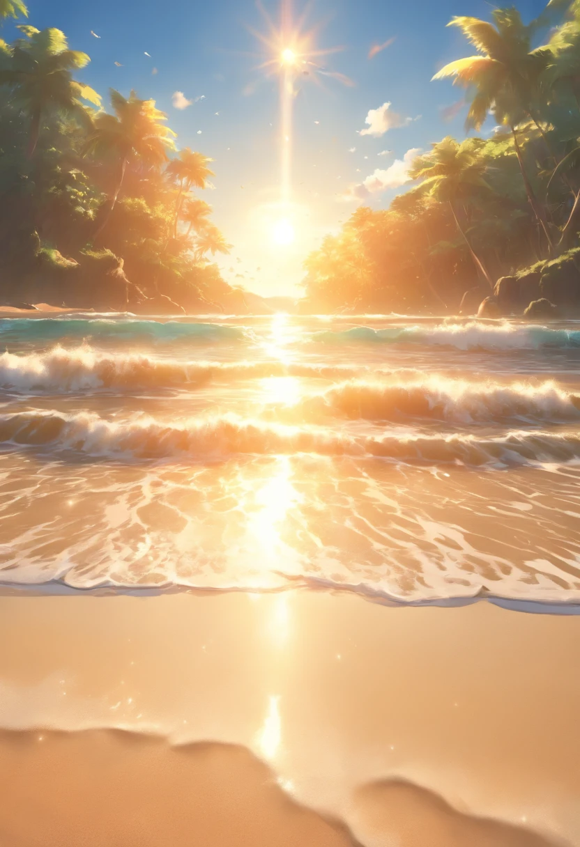 (((beach with sun)) best quality, ultra-high resolution, 4K detailed CG, masterpiece, sun, blue sky, hawaii, forest, sand, ((Ground to sky view)) Maori picture style , aesthetic, screen-centric