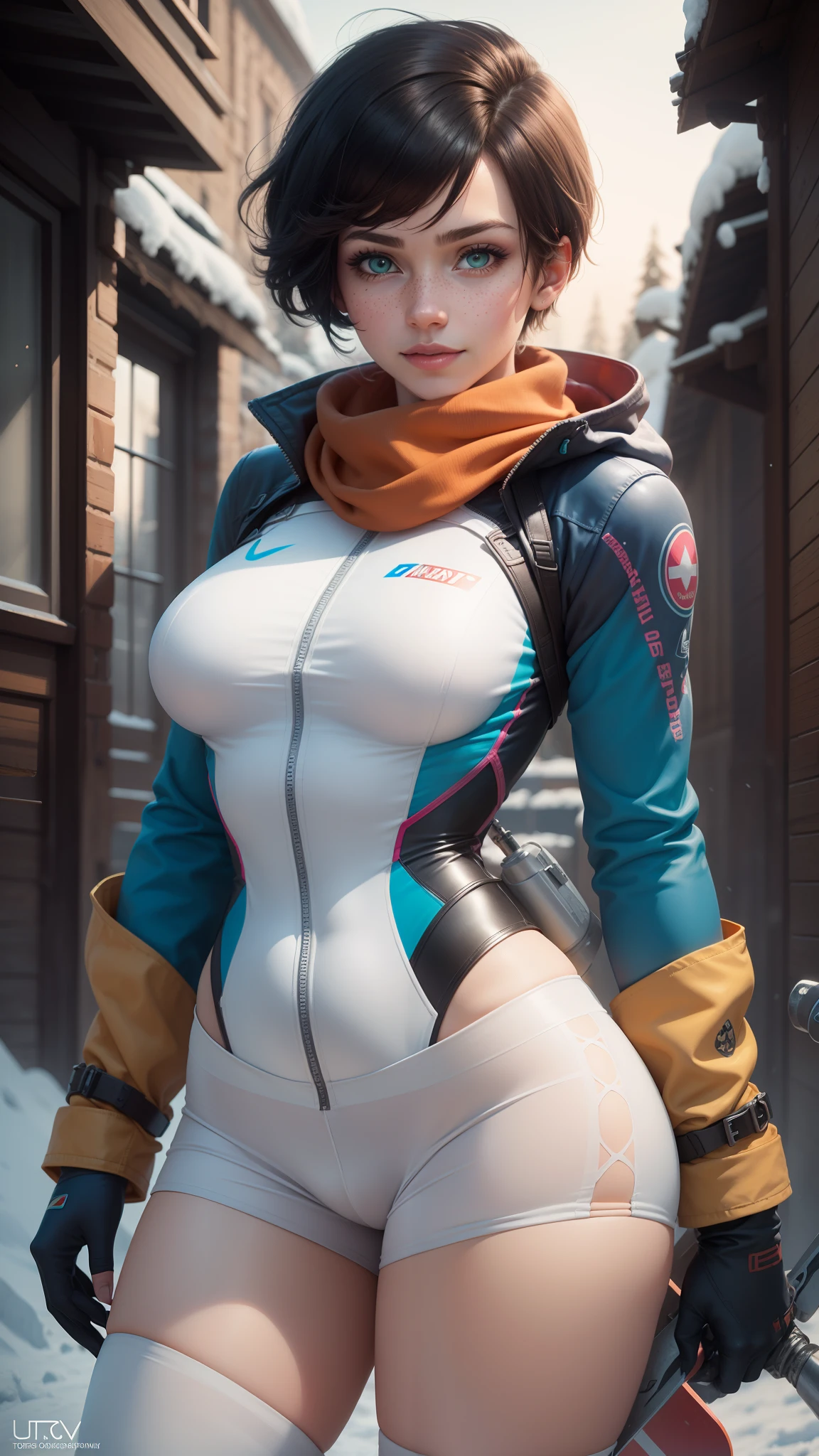 gwen tennyson,1girl,tracer,d.va,rebecca chambers,overwatch,gundam,close up,mecha pilot,winter mountain,rose and blue plugsuit,hair pin,pirate corset, white long sleeve lycra top,white lycra shorts,short hair,cute makeup,green eyes,orange and blue hair,shy smile, freckles,redhead,beautiful girl,large breasts,ultra detailed,realistic,fantasy art,ski scarf,winter jacket,ski goggles, ski course,snowboard,cold weather,