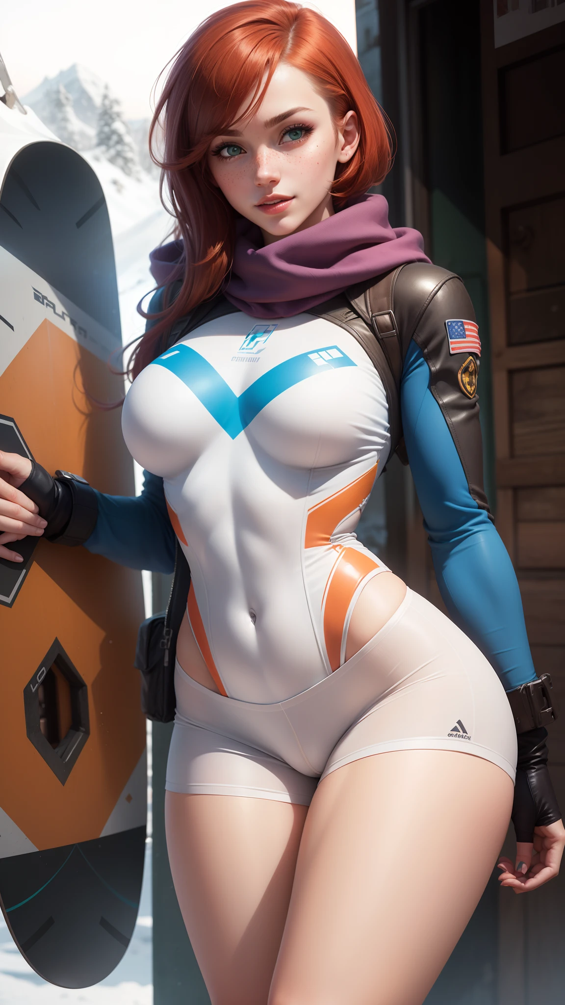 gwen tennyson,1girl,tracer,d.va,rebecca chambers,overwatch,gundam,close up,mecha pilot,winter mountain,rose and blue plugsuit,hair pin,pirate corset, white long sleeve lycra top,white lycra shorts,short hair,cute makeup,green eyes,orange and blue hair,shy smile, freckles,redhead,beautiful girl,large breasts,ultra detailed,realistic,fantasy art,ski scarf,winter jacket,ski goggles, ski course,snowboard,cold weather,