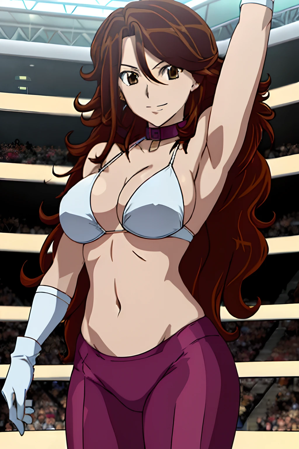 hug, Elegant lady, (upper body only), anime style: 1.8, anime drawing, ultra detailed face, ultra detailed body, 4k, Sumergai Lee Noriega, (standing), best quality, anime style, hires, highest definition, digital blending, bold drawing lines, ((wwe diva), (location: wrestling arena, crowds watching), ( slim body, (little biceps), , off-shoulders, closed fists, (curvy: 2.8)), ((white bikini, only, white gloves, collar, elbow protector)), victorious, winner, gentle, (pale skin, shiny skin, very big breasts, smile), (big eyes, brown eyes), (clapping), (brown hair, loose hair, curly hair, wavy hair, long hair, missy hair), 27 years old,