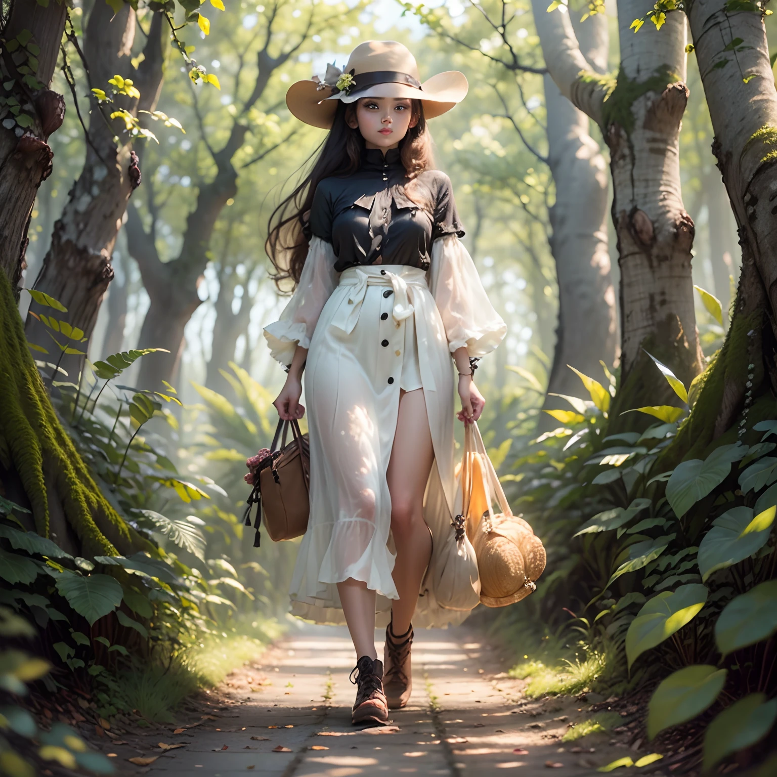 Very fabulous girl with a bow,in a forest glade,with mushrooms and a dog.