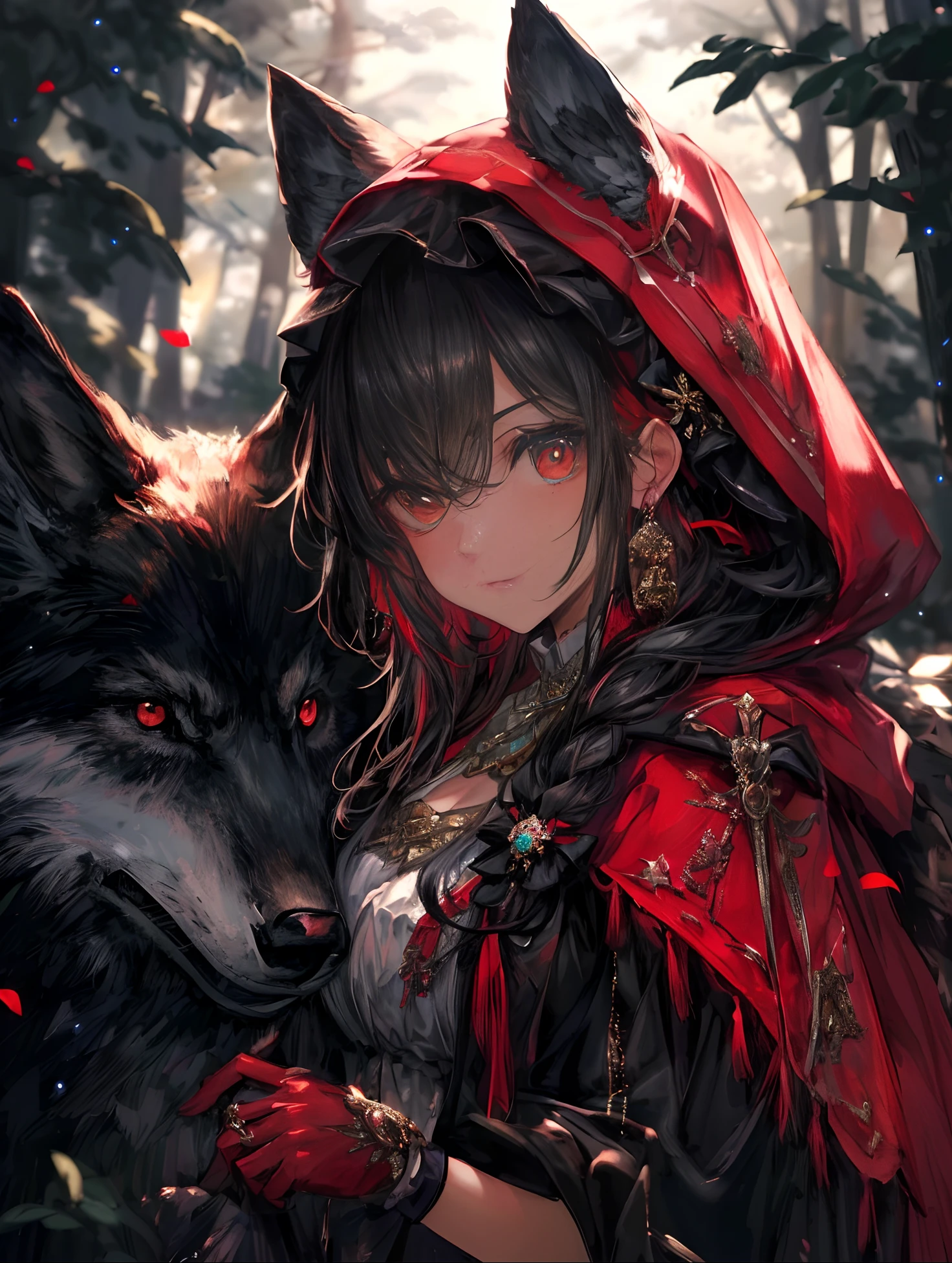 (best quality,4k,highres,masterpiece:1.2),ultra-detailed,realistic:1.37,portrait,dark fantasy,red color scheme,soft lighting,emotional,enchanted forest,ominous atmosphere,eye-catching,storytelling,anatomy,anime style,concept art,beautiful detailed face and eyes,flowing hair,expressive emotions,detailed jewelry,cape with intricate patterns,intense gaze,feathered details on the cape,subtle shadows,dynamic pose,epic composition,mysterious background,natural elements,moonlit night,wind blowing through the trees,eerie presence,revealing the character's strength and vulnerability,striking contrast between the red cape and surroundings,engaging narrative,rich textures,depth and dimension,putting emphasis on the character's allure and resilience.