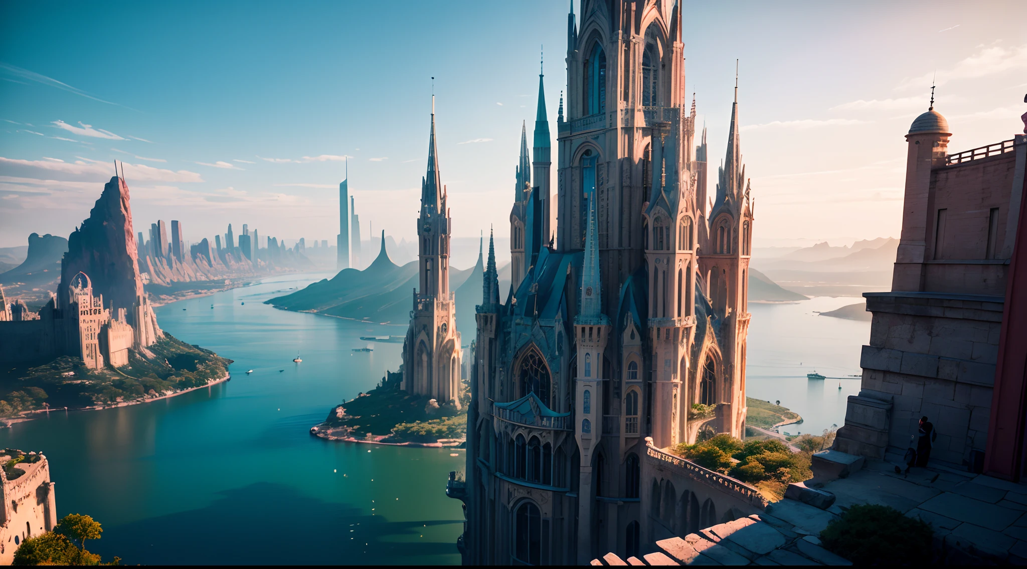 (best quality,4k,8k,highres,masterpiece:1.2),ultra-detailed,(realistic,photorealistic,photo-realistic:1.37),huge castles,skyscrapers floating in the sky,utopia,top quality fantasy,cyberpunk isekai,giants waterfall,mother nature,unimaginable,unbelievable,virtual reality,oasis of serenity,colorful neon lights,futuristic technology,vibrant cityscape,awe-inspiring architecture,unlimited possibilities,mesmerizing view,ethereal atmosphere,enchanting environment,majestic structures,thousands of feet high,sparkling clear water,breathtaking scenery,transcendent beauty,surreal landscape,architectural marvels,wonder of nature,harmony between man and nature,limitless imagination,urban paradise,dream-like setting,unrealistically magnificent,picture-perfect moments,serene tranquility,spellbinding aesthetic,awe-inducing skyline