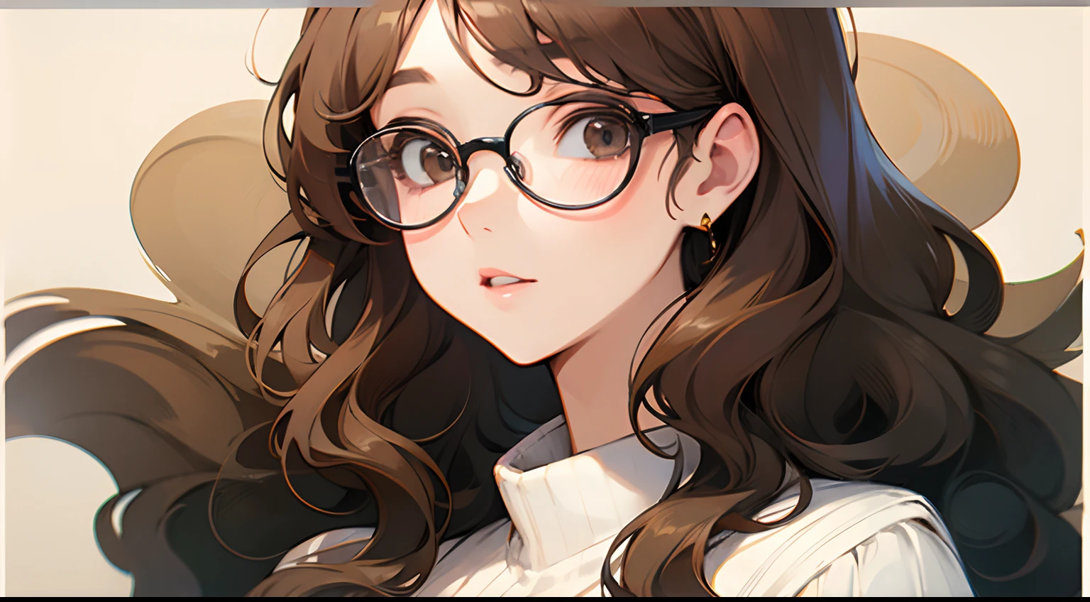 Brown wavy hair、Woman in glasses、