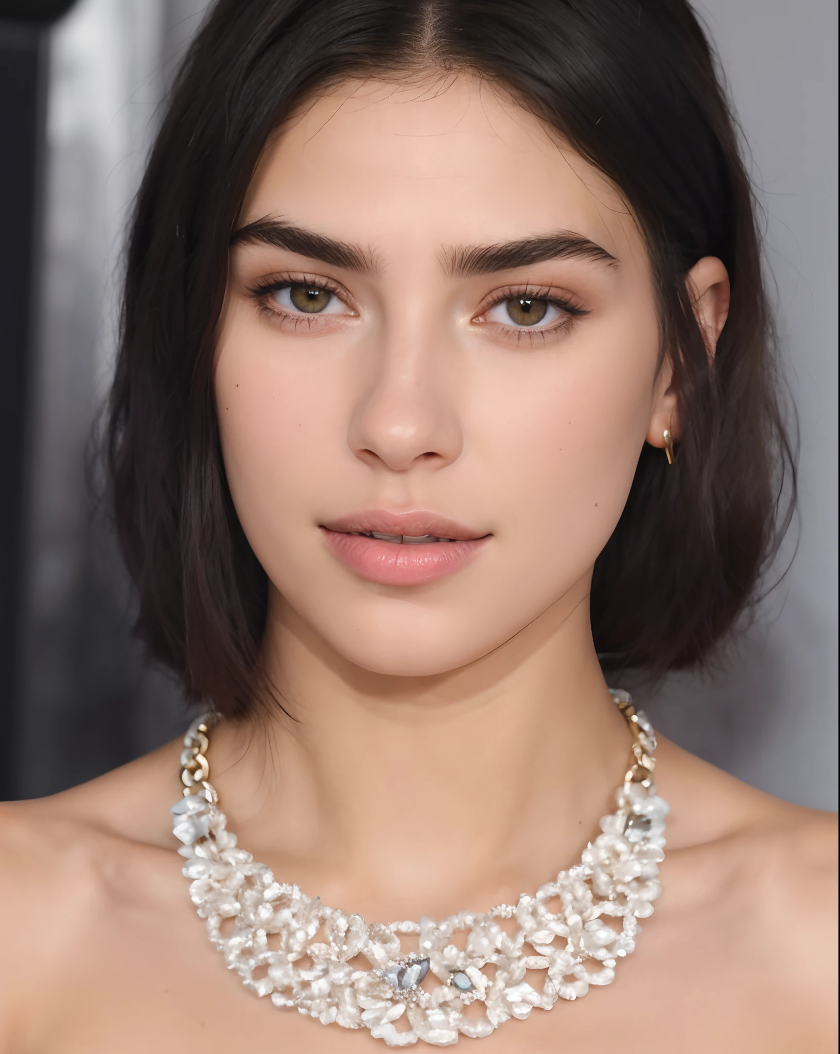 a close up of a woman wearing a necklace and a choke, dua lipa, violet myers, thick bushy straight eyebrows, she looks like a mix of grimes, charli bowater, flawless olive skin, gorgeous latina face, hybrid of gal gadot, christina kritkou, large bushy eyebrows, julia fuentes, charli xcx, straight eyebrows